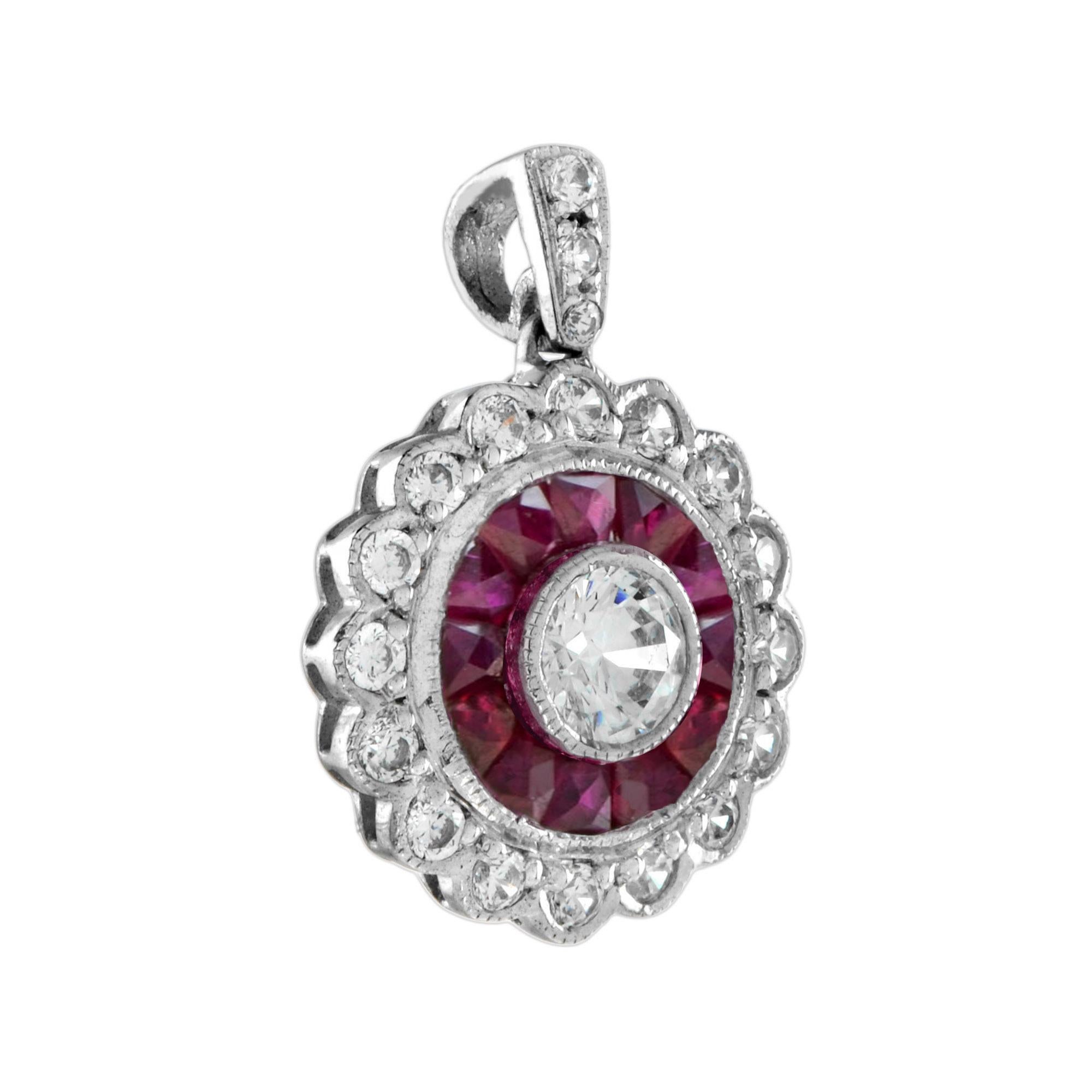 Round Cut Diamond and Ruby Art Deco Style Target Pendant in 18K White Gold For Sale