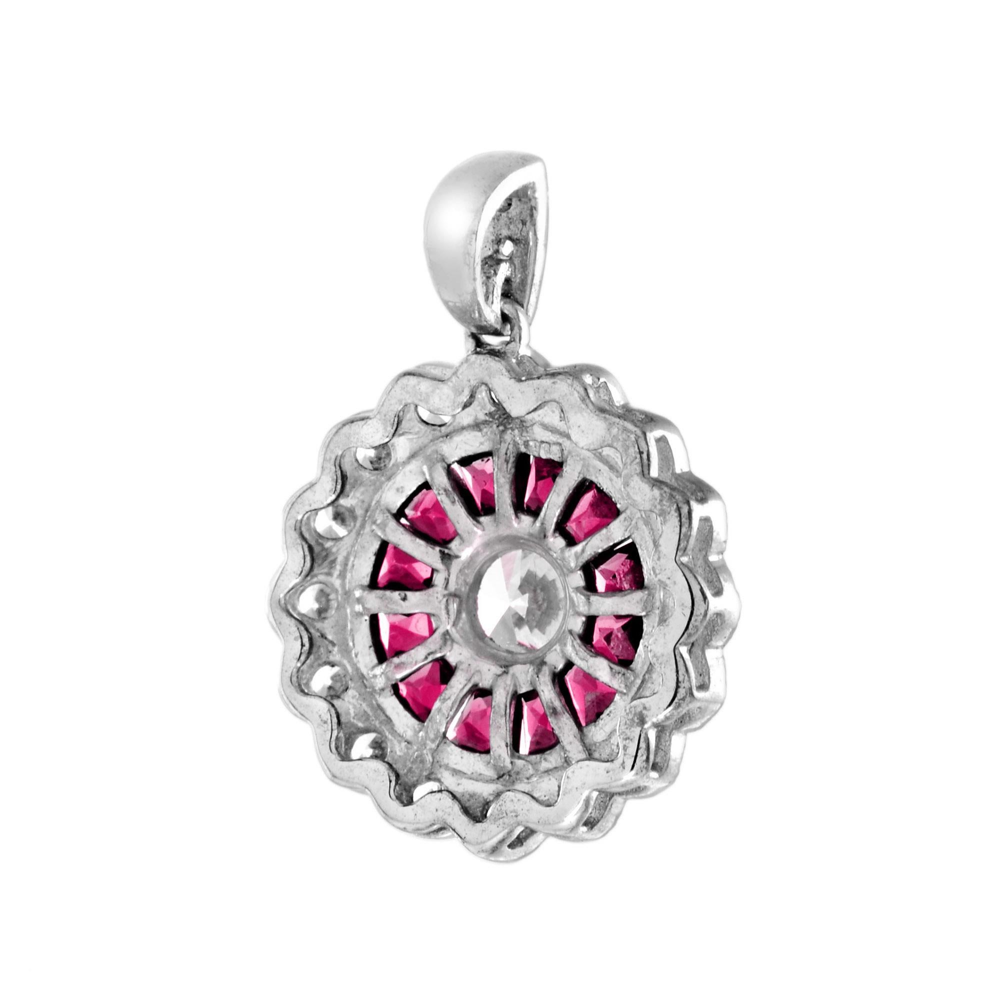 Diamond and Ruby Art Deco Style Target Pendant in 18K White Gold In New Condition For Sale In Bangkok, TH