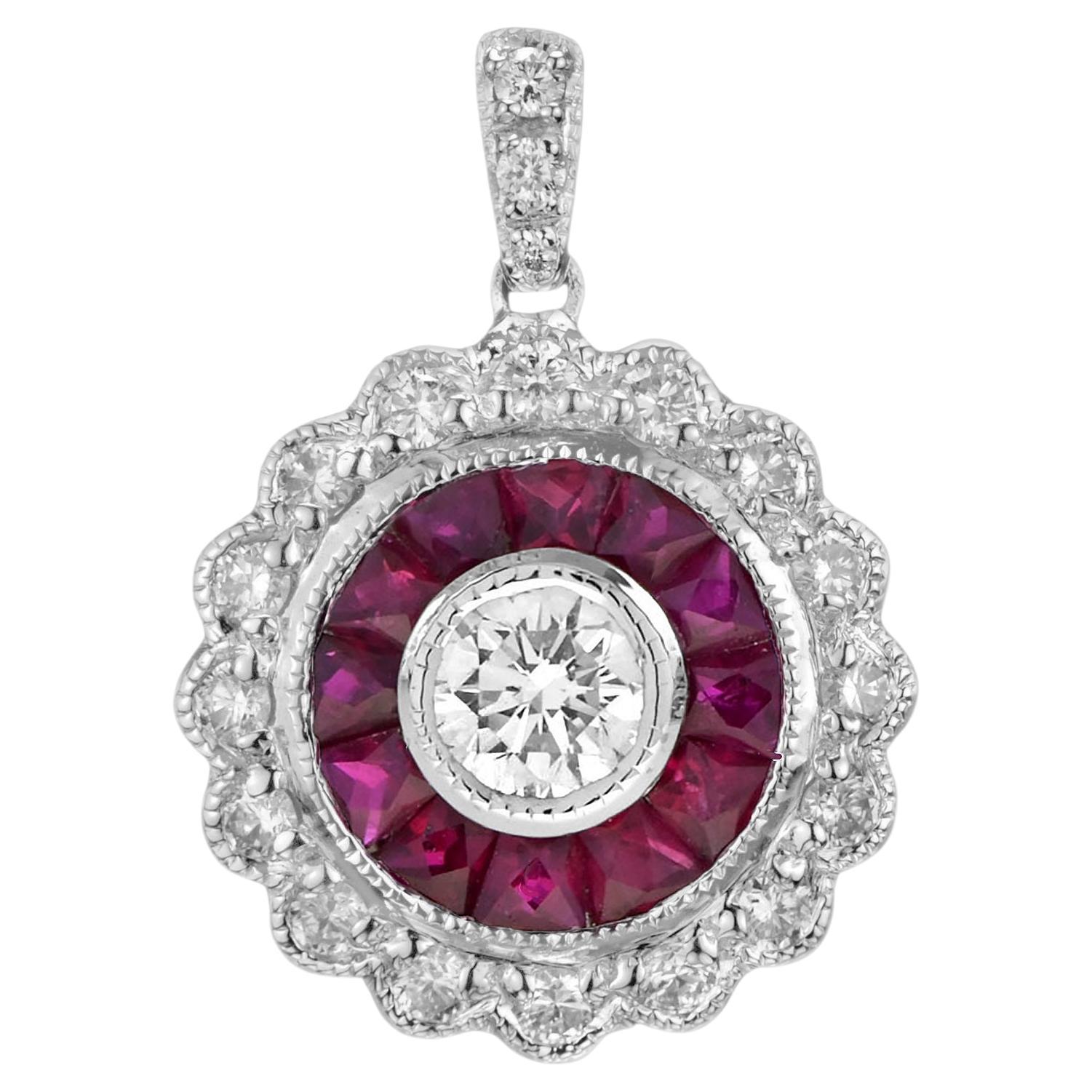 Diamond and Ruby Art Deco Style Target Pendant in 18K White Gold For Sale