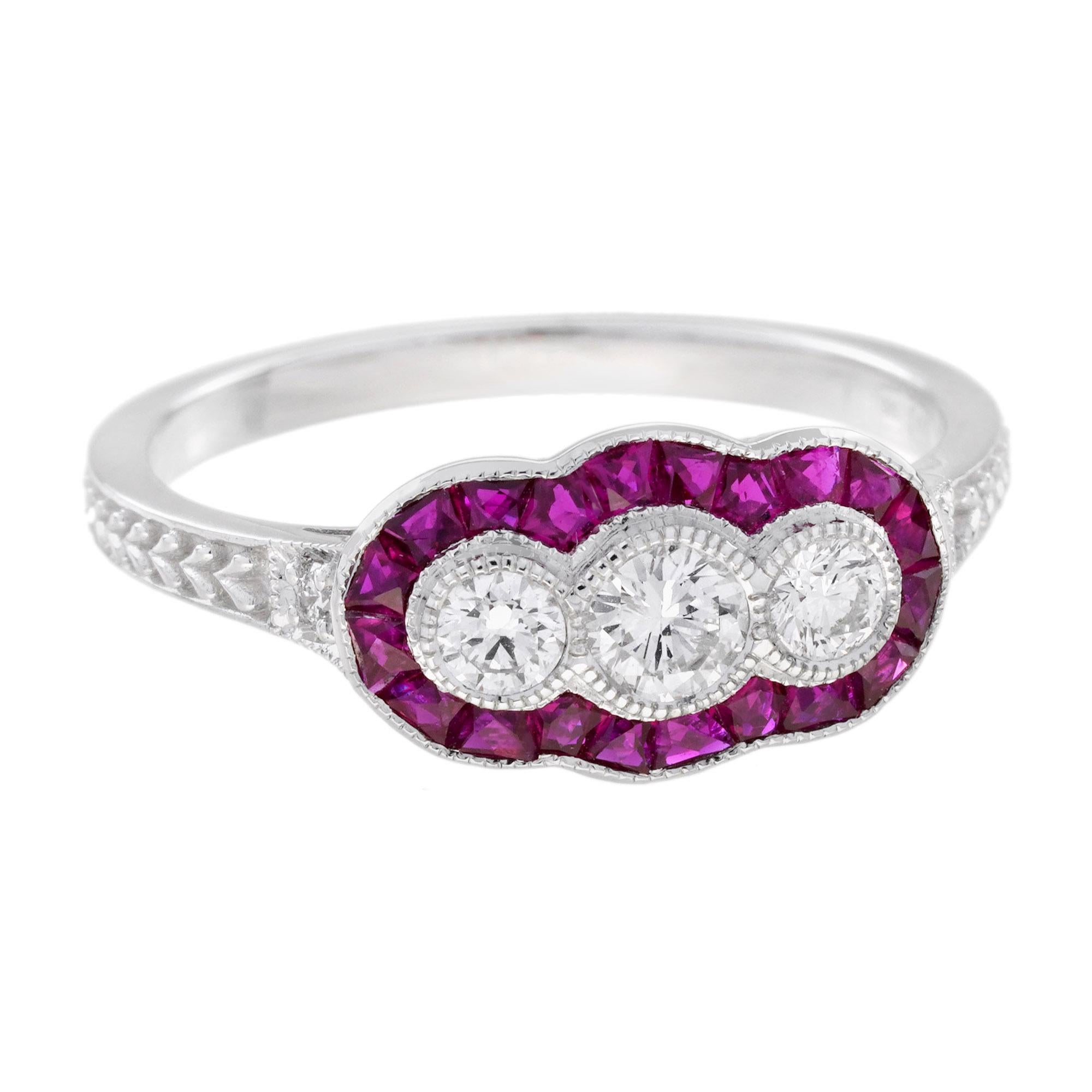 Diamond and Ruby Art Deco Style Three stone  Engagement Ring in 18K White Gold Neuf - En vente à Bangkok, TH