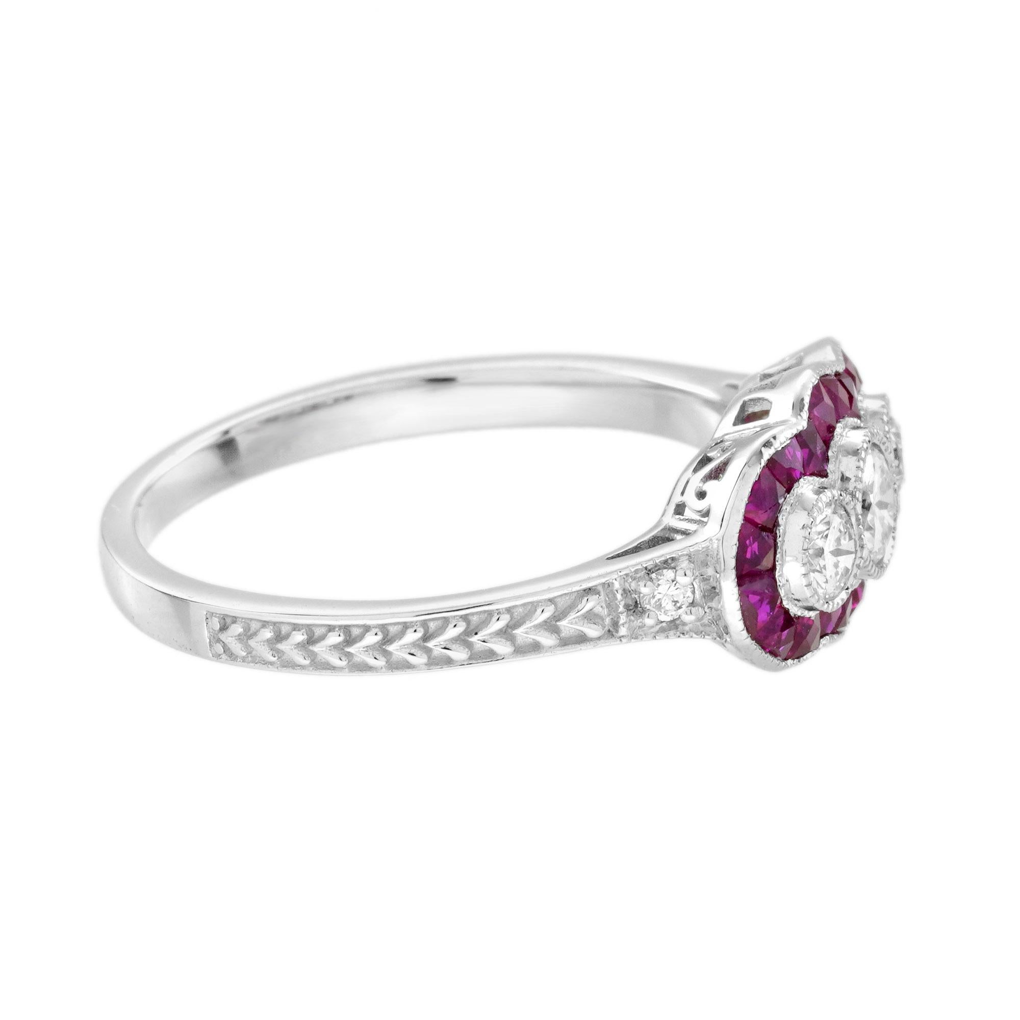 Diamond and Ruby Art Deco Style Three stone  Engagement Ring in 18K White Gold Pour femmes en vente