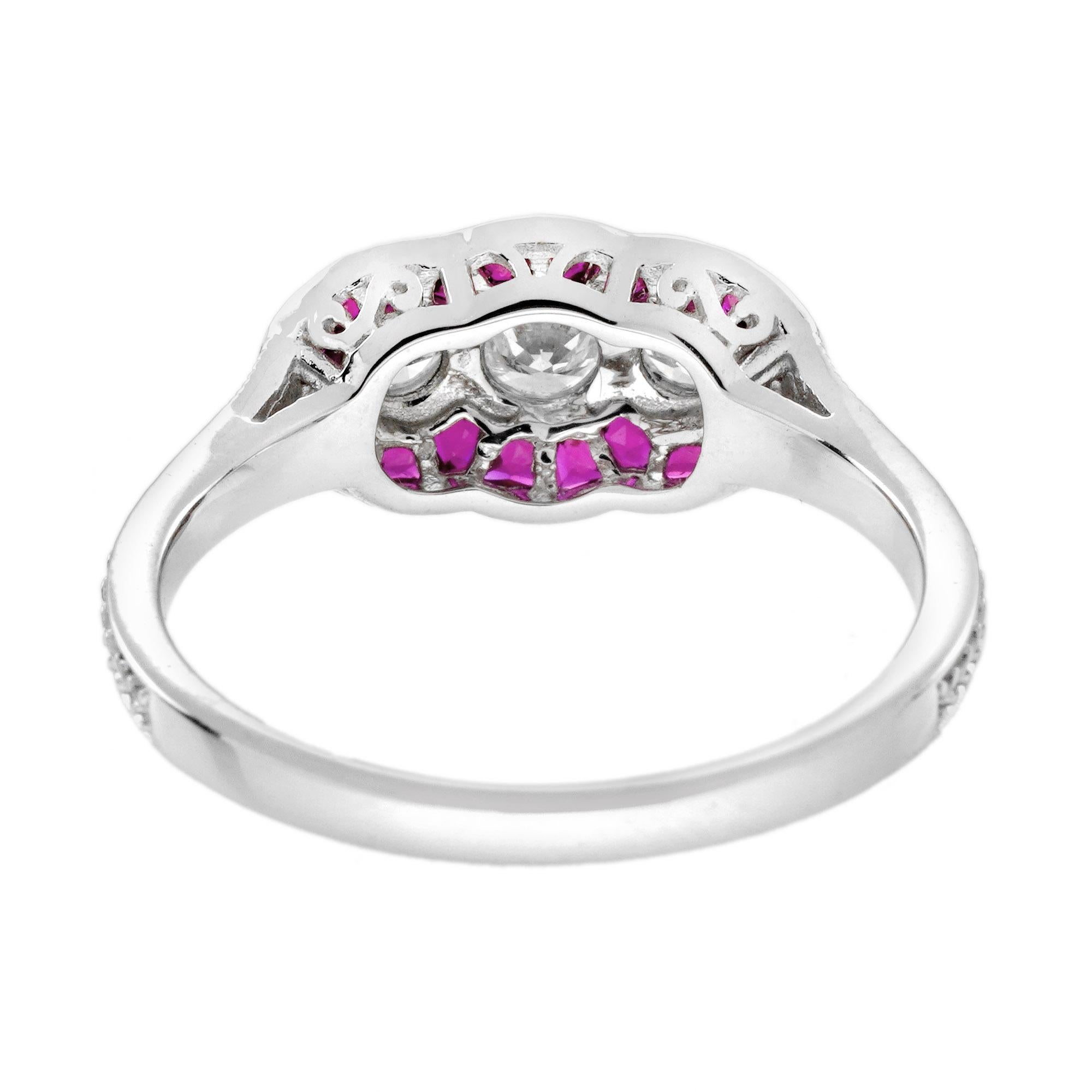 Diamond and Ruby Art Deco Style Three stone  Engagement Ring in 18K White Gold en vente 1