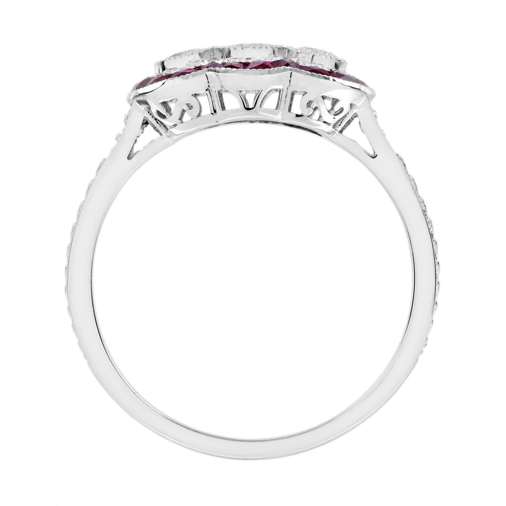 Diamond and Ruby Art Deco Style Three stone  Engagement Ring in 18K White Gold en vente 2