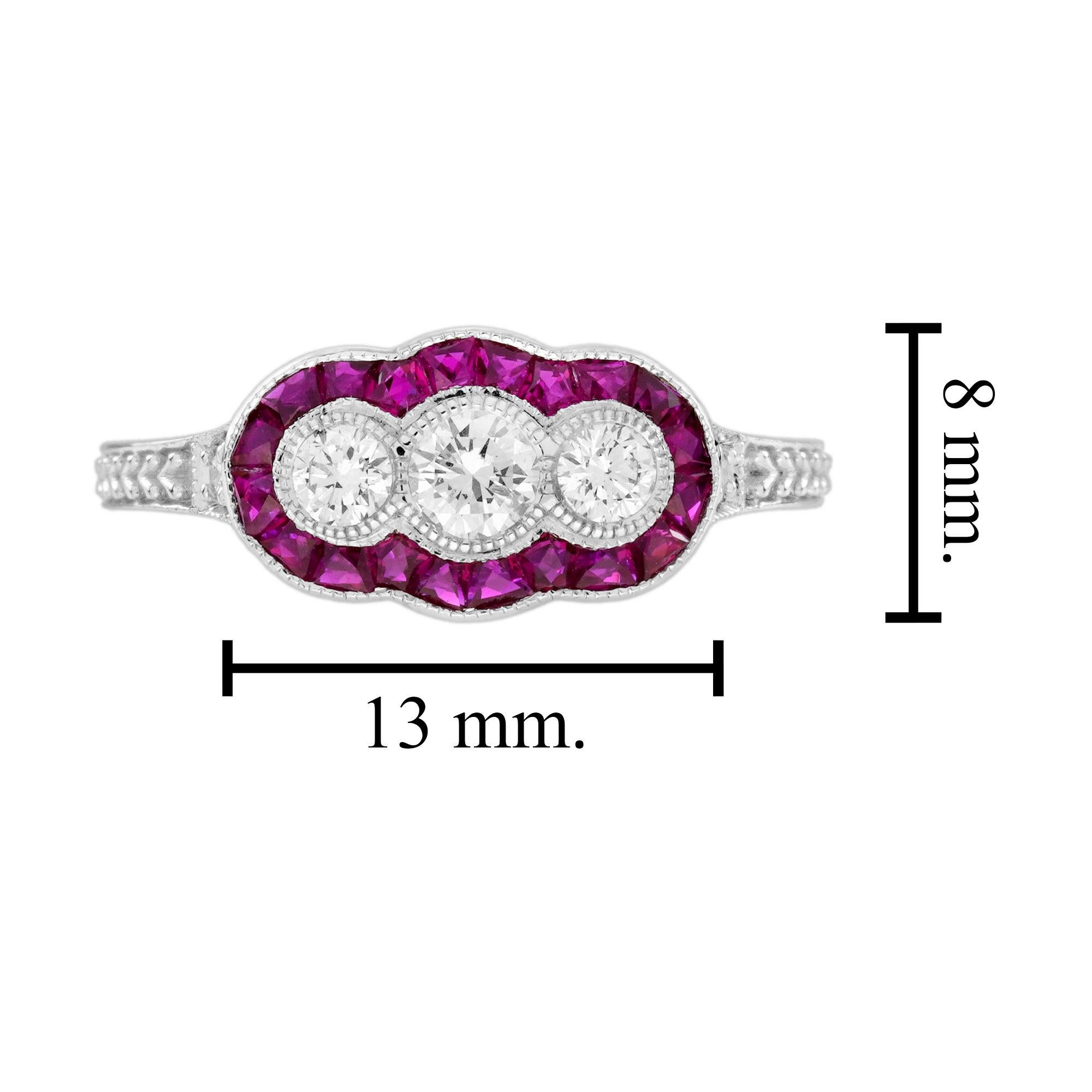 Diamond and Ruby Art Deco Style Three stone  Engagement Ring in 18K White Gold en vente 3