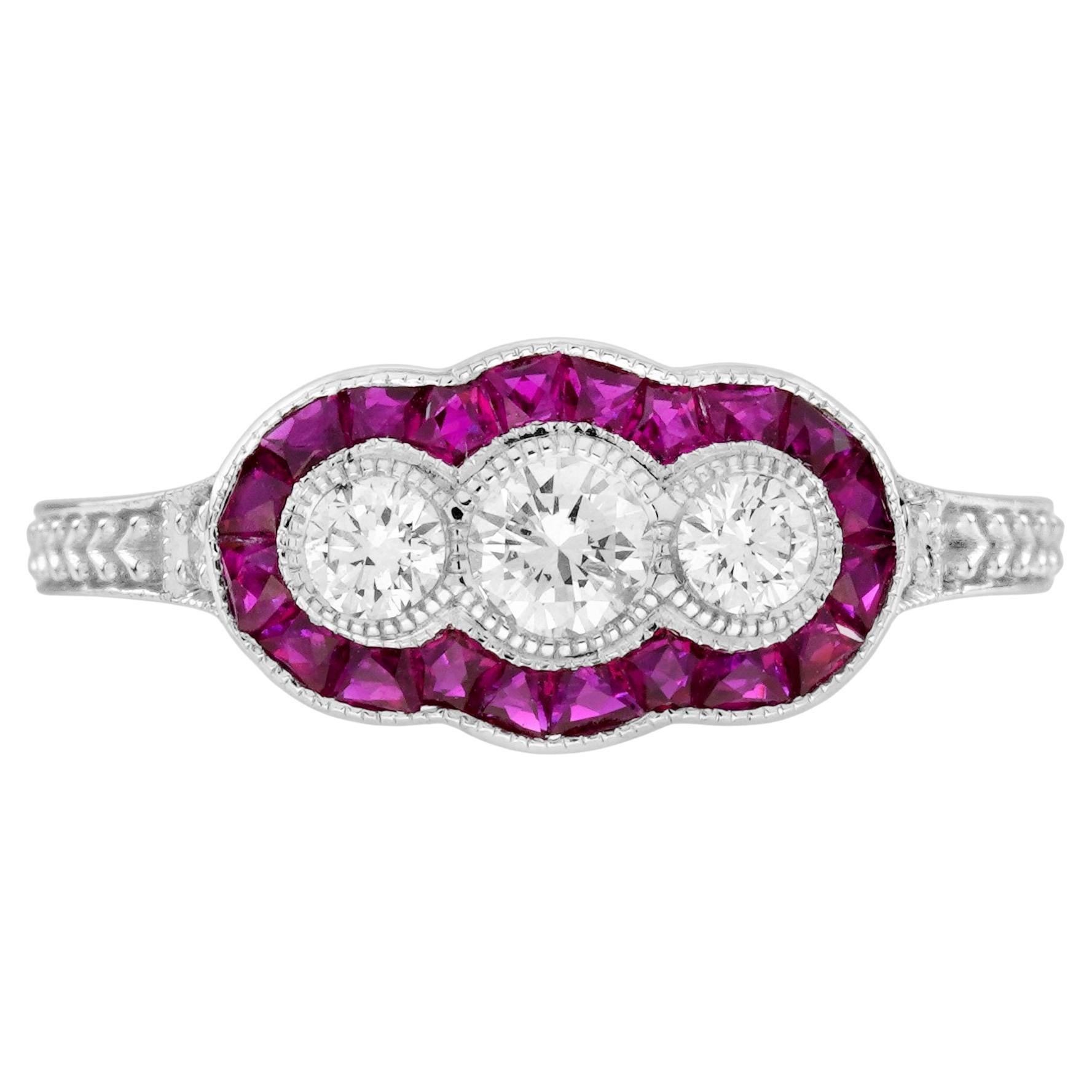 Diamond and Ruby Art Deco Style Three stone  Engagement Ring in 18K White Gold en vente
