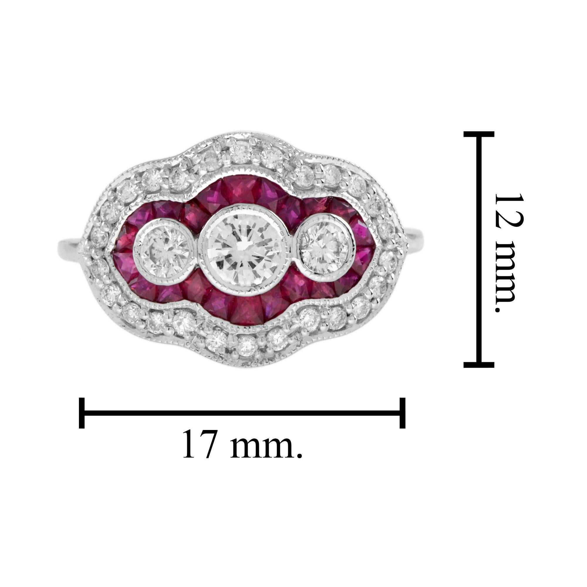 Round Cut Diamond and Ruby Art Deco Style Three Stone Ring in 14k White Gold For Sale