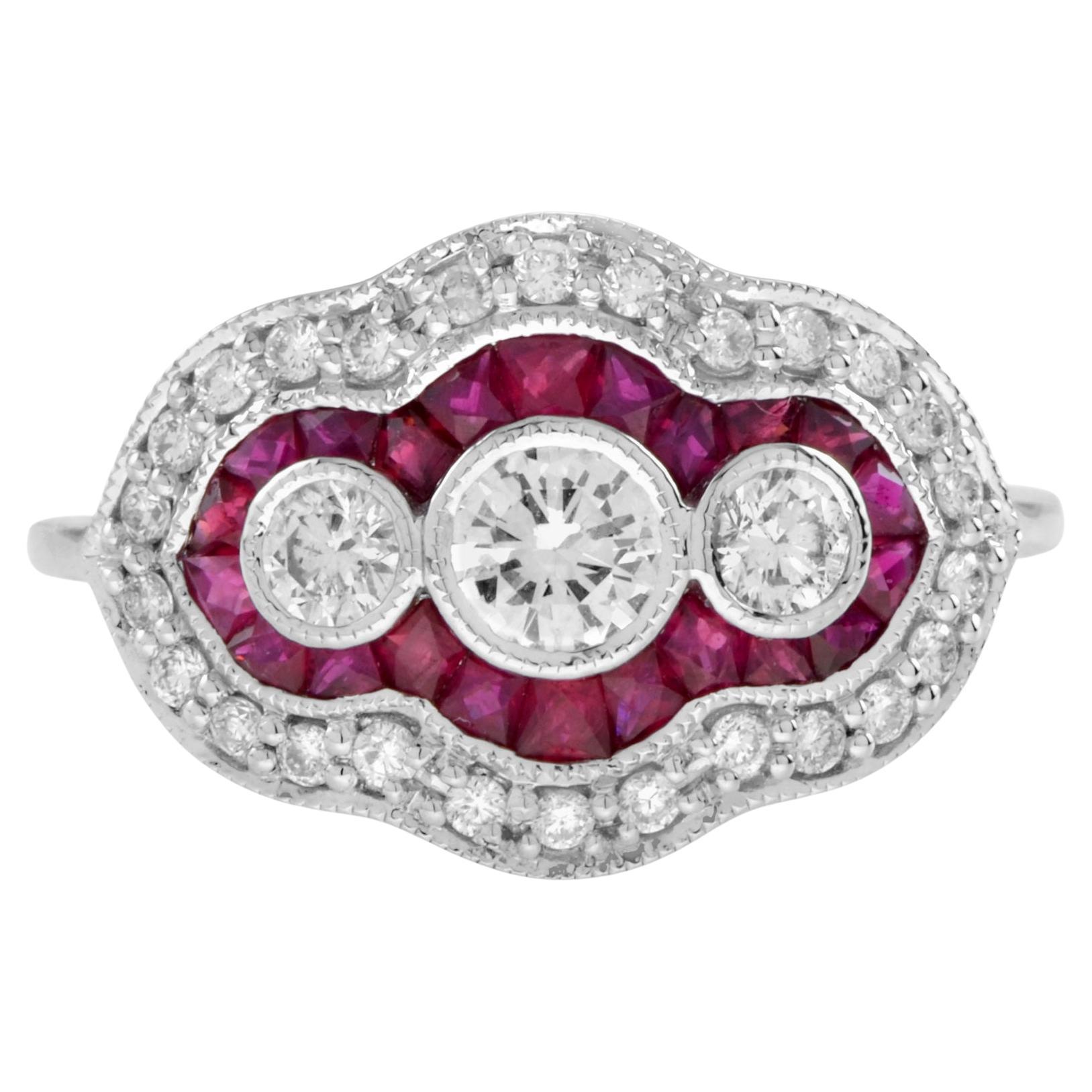 Diamant- und Rubinring im Art-Déco-Stil mit drei Steinen aus 14 Karat Weißgold
