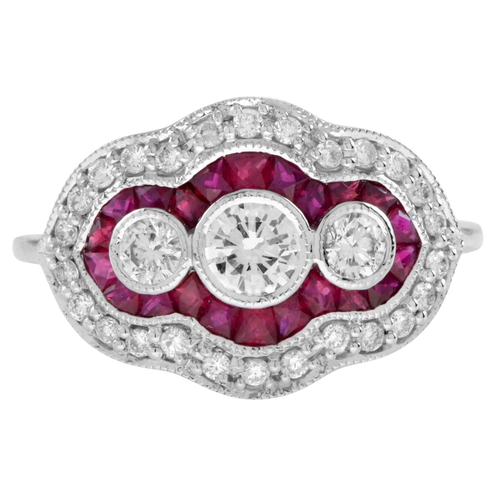 Bague à trois pierres de style Art déco en or blanc 14 carats avec diamants et rubis