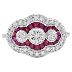 Diamond and Ruby Art Deco Style Three Stone Ring in 14k White Gold