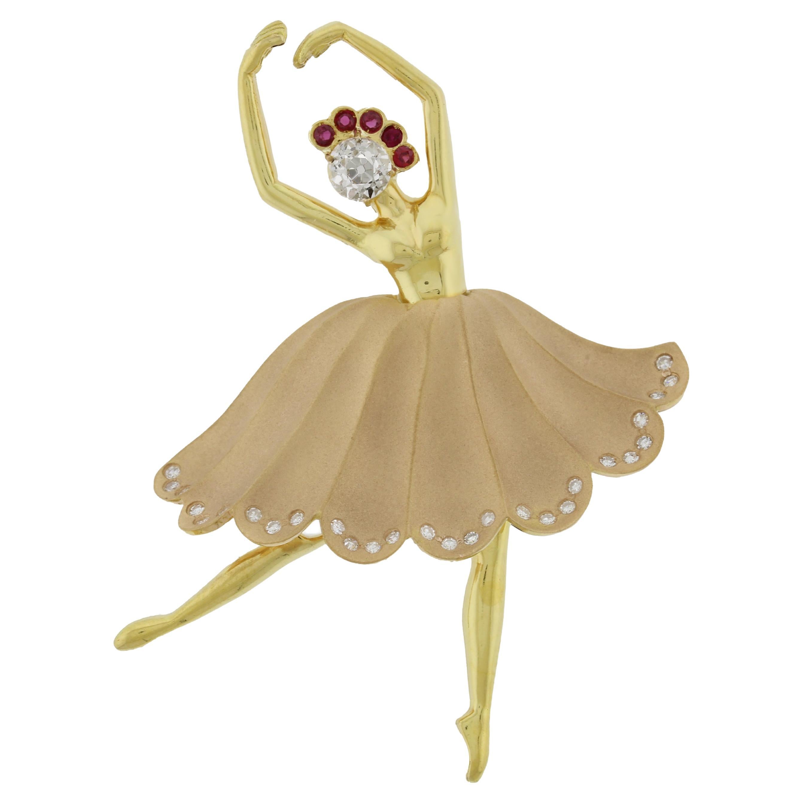 Diamond and Ruby Ballerina Brooch by Pampillonia Jewelers For Sale