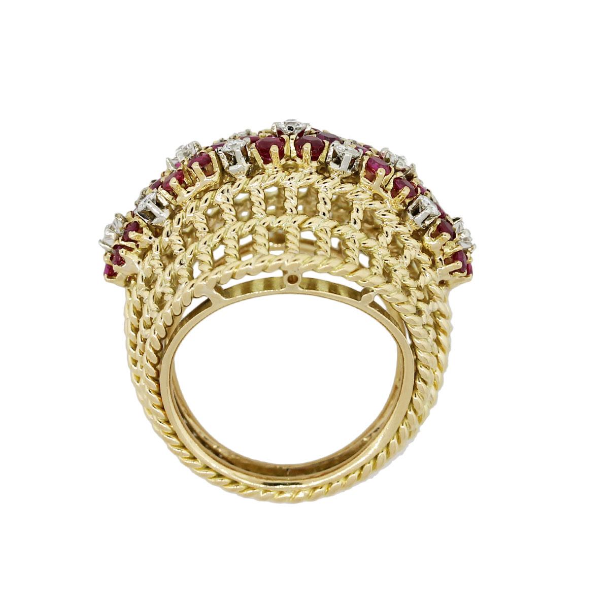Material: 18k yellow gold
Diamond Details: Approximately 0.53ctw of round brilliant diamonds. Diamonds are G/H in color and VS in clarity
Gemstone Details: Approximately 0.45ctw of round shape rubies.
Ring Size: 4.75 (can be sized)
Ring