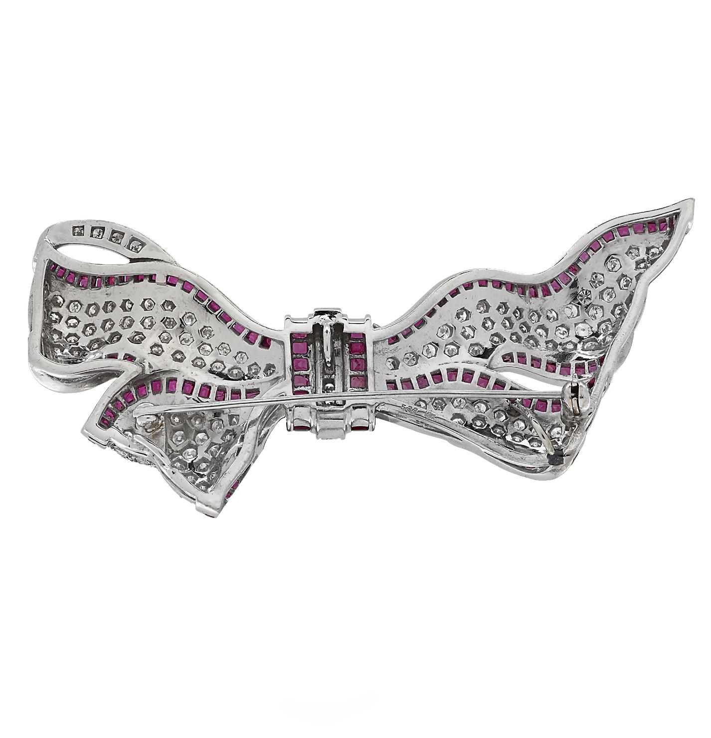 Modern Diamond and Ruby Bow Brooch Pin For Sale