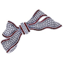 Retro Diamond and Ruby Bow Brooch Pin