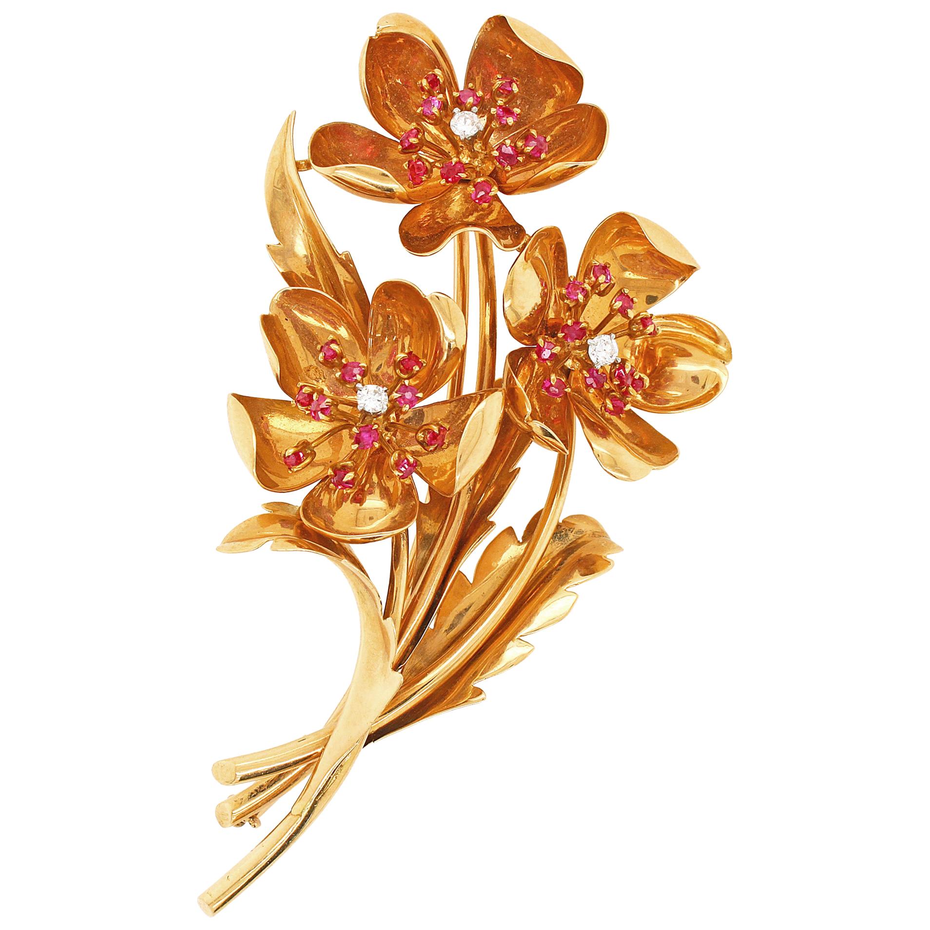 Diamond and Ruby Buttercup Flower Brooch, 1950s