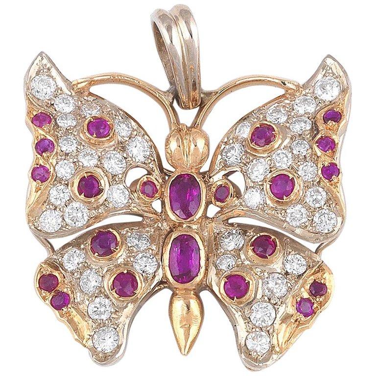 Retro Diamond and Ruby Butterfly Pendant