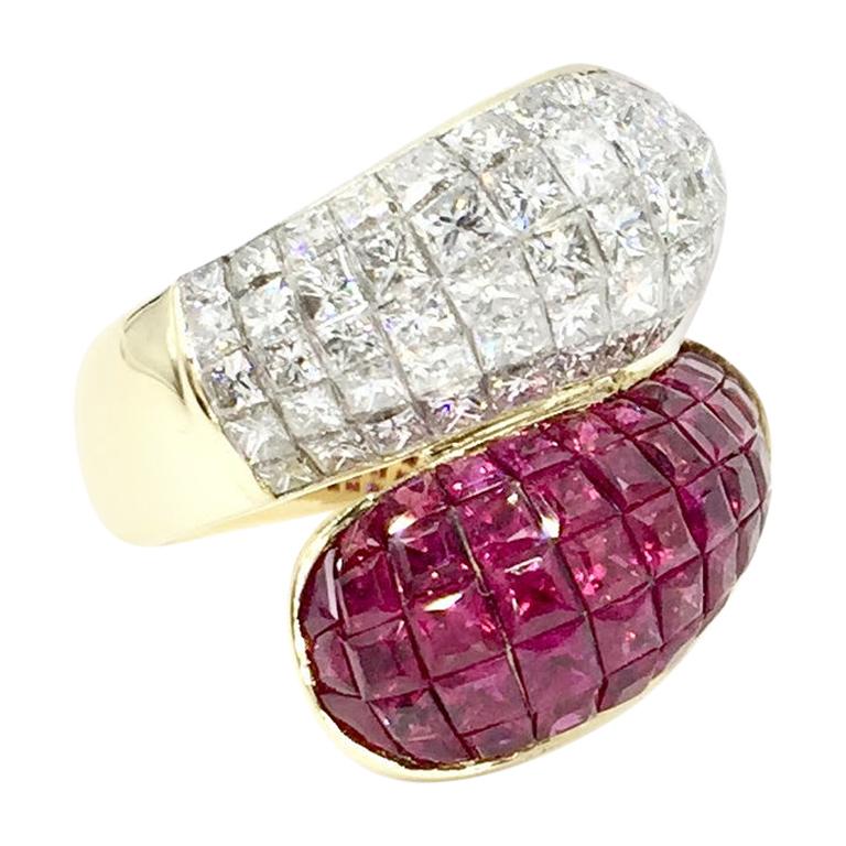 Diamond and Ruby Bypass Illusion Set 18 Karat Ring For Sale