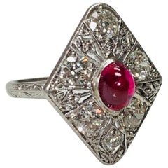 Diamond and Ruby Cabochon Ring in Platinum