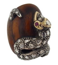 Diamond and Ruby Carved Wood Snake Ring