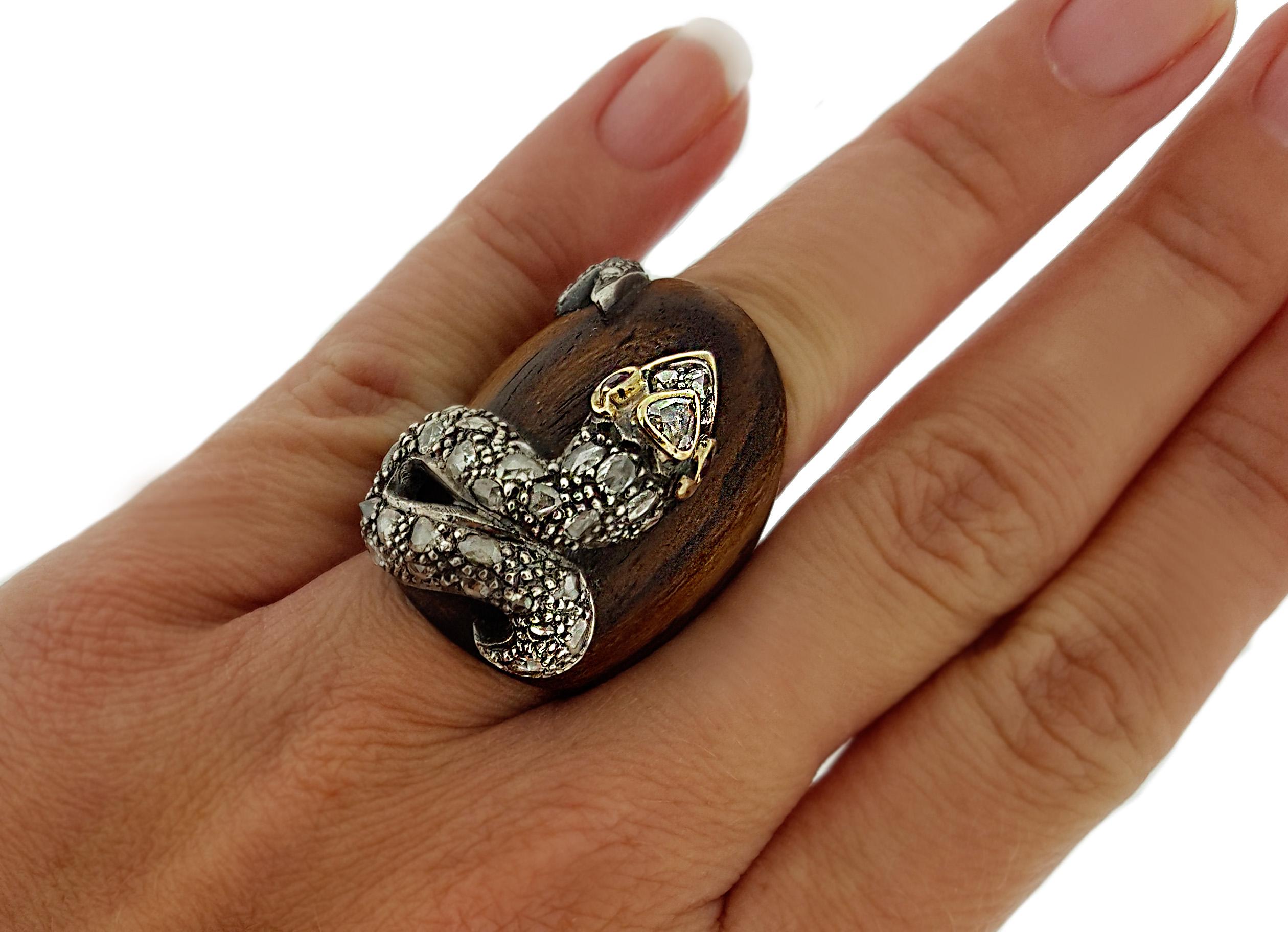 Artisan Diamond and Ruby Carved Wood Snake Ring For Sale