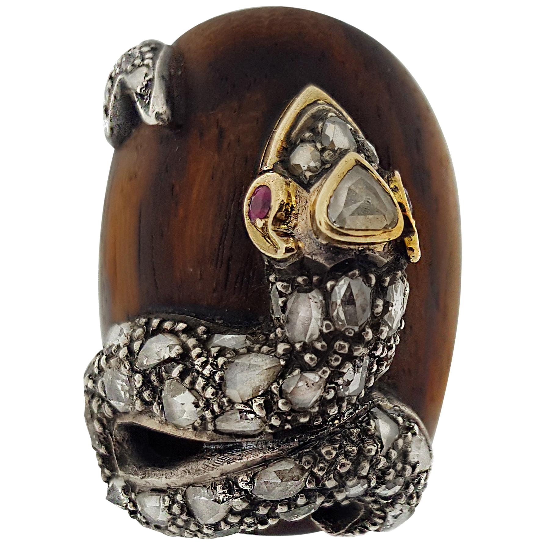 Diamond and Ruby Carved Wood Snake Ring For Sale