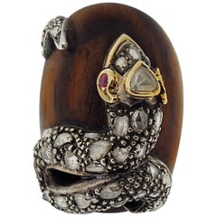 Diamond and Ruby Carved Wood Snake Ring