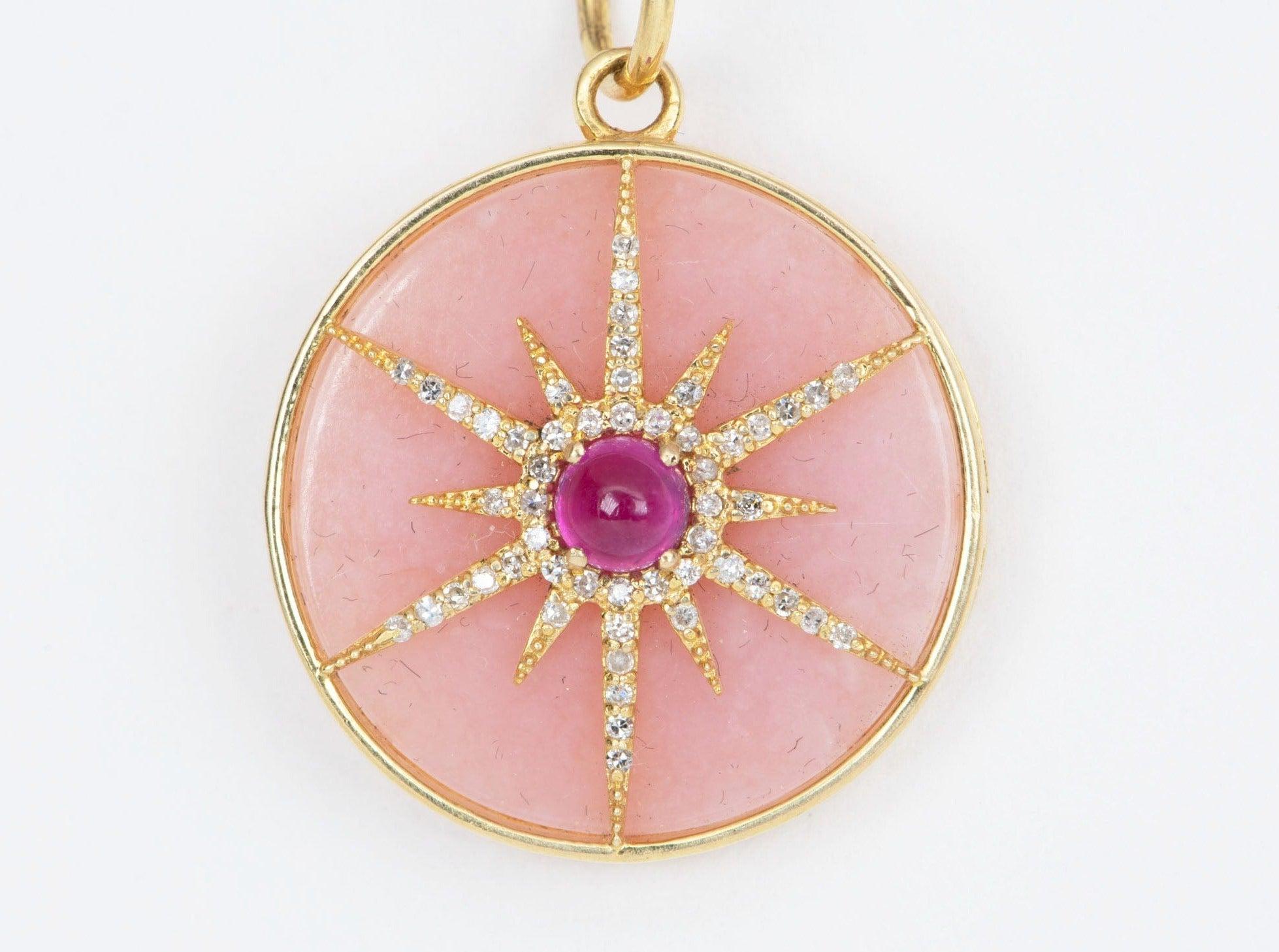 ♥  A beautiful diamond and ruby celestial star pendant with Peruvian pink Opal backing 
♥ The pendant measures 24.5 mm in length, 21.7 mm in width, and is 6.2 mm thick

♥ Gemstone: Pink Opal, Diamond 0.16ct
♥ All stone(s) used are genuine,
