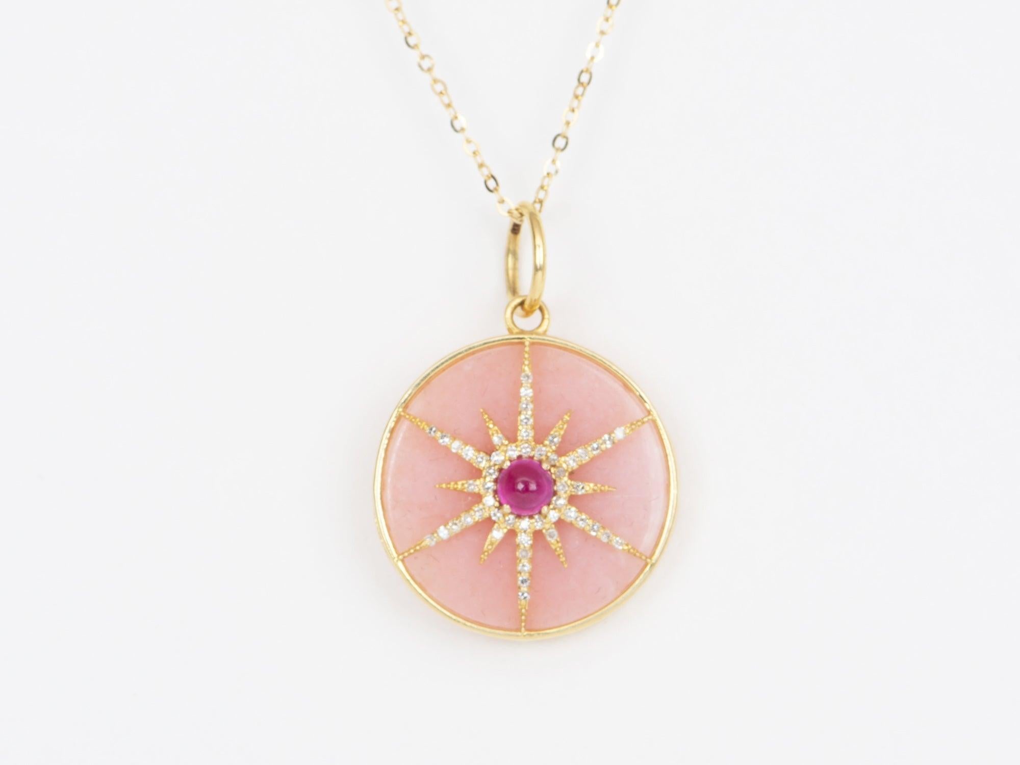 Round Cut Diamond and Ruby Celestial Star Pendant Peruvian Pink Opal Backing 14k Gold