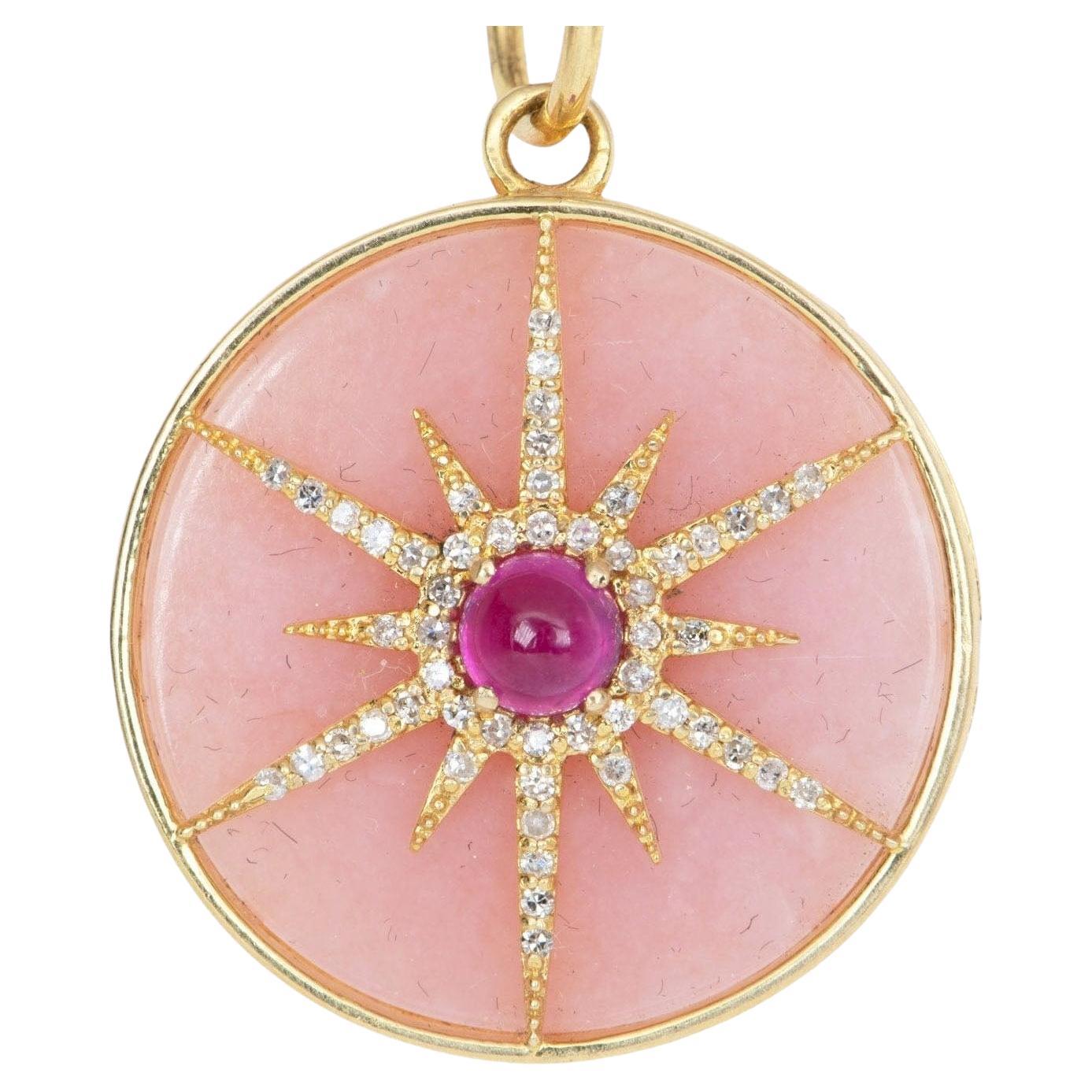 Diamond and Ruby Celestial Star Pendant Peruvian Pink Opal Backing 14k Gold