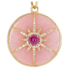 Diamond and Ruby Celestial Star Pendant Peruvian Pink Opal Backing 14k Gold
