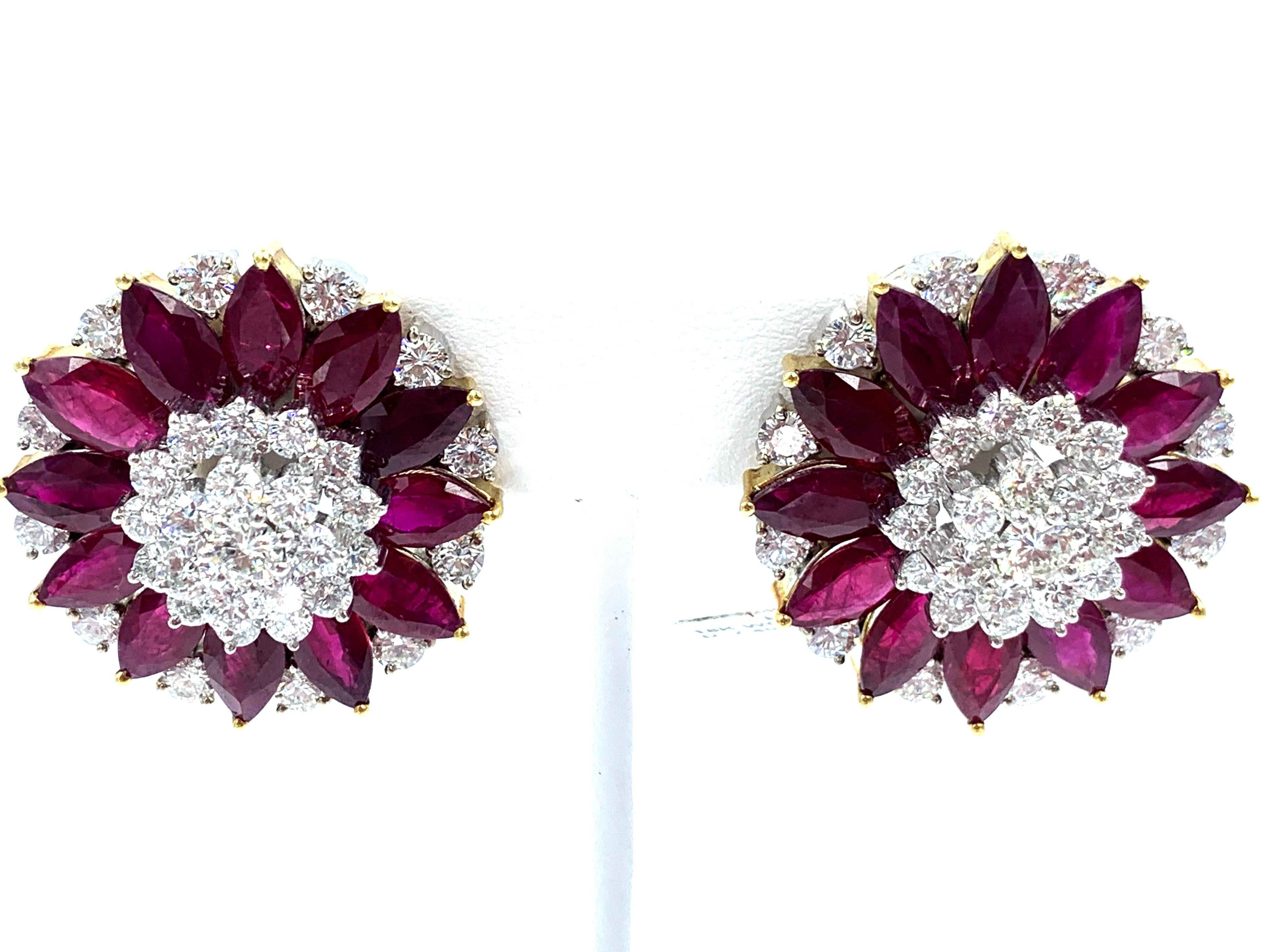 Diamond and Ruby Cluster Clip Earrings 18 Karat White and Yellow Gold For Sale 2