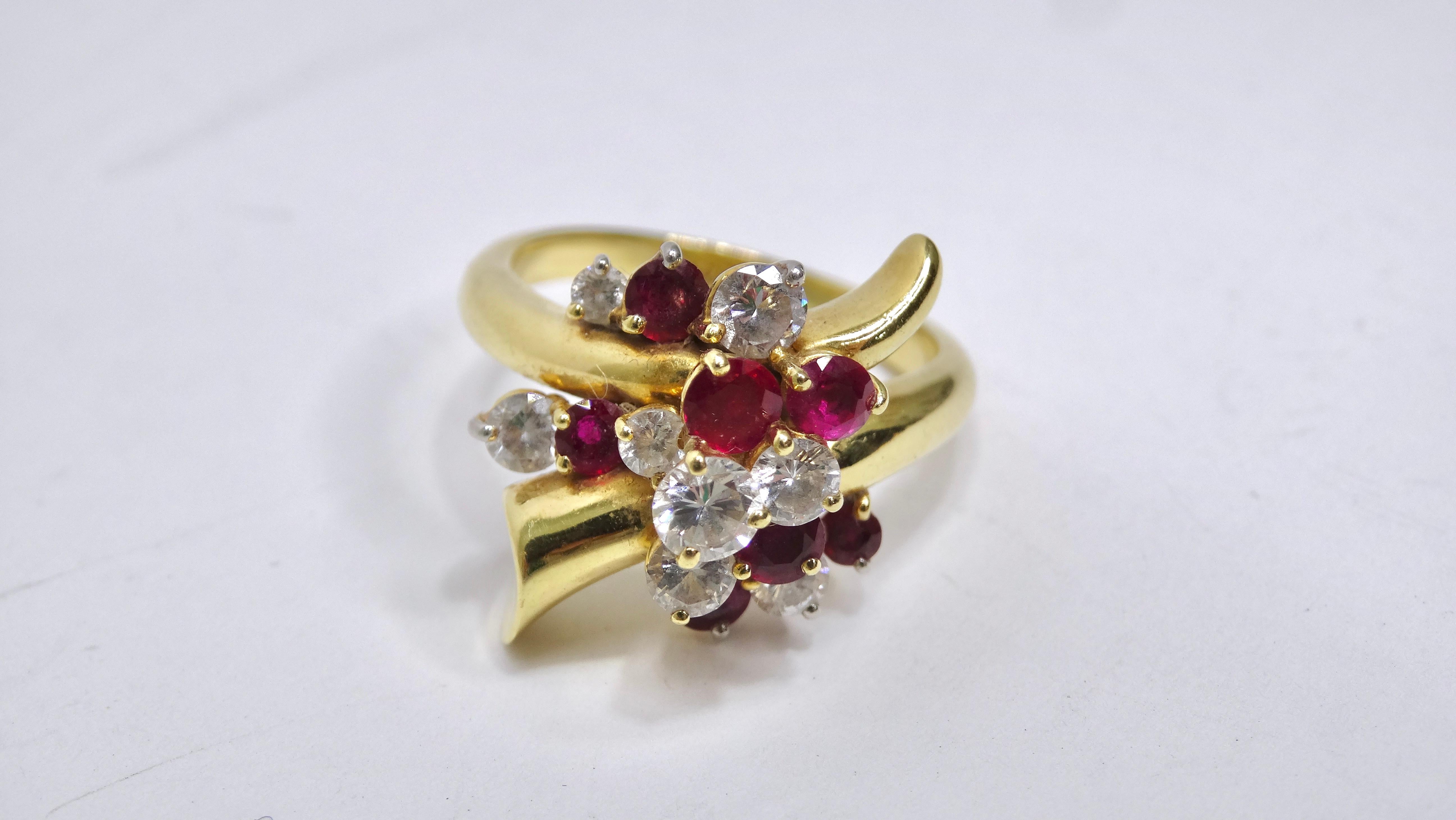 This ring is eye-candy! The sparkle and detail will have you drooling. There is something so effortless about a clustered ring. This ring features a yellow 18k gold wrapped band that still has a bright and bold color. There are seven ruby round-cut