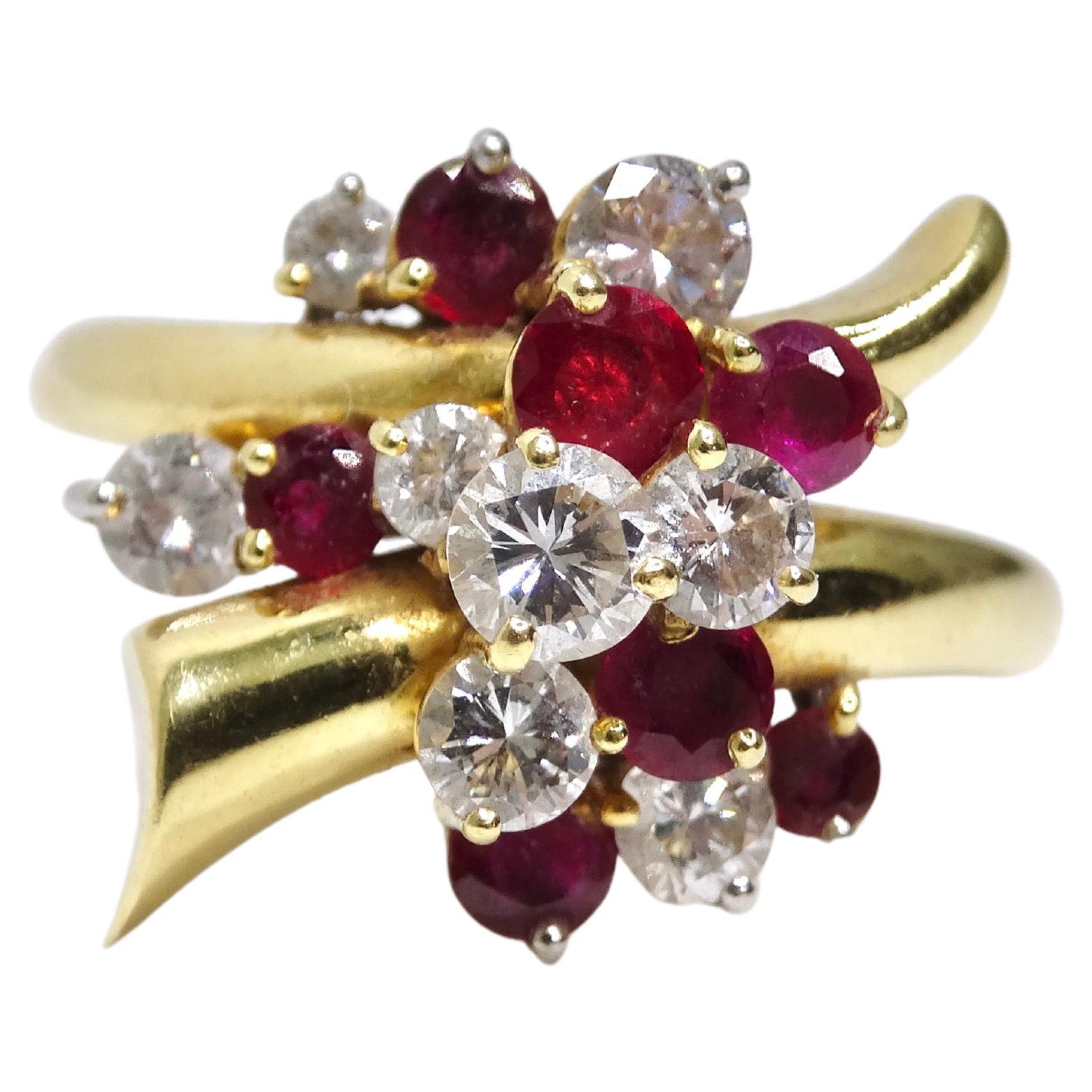 Ruby and Diamonds Cluster Flower Bouqet Ring
