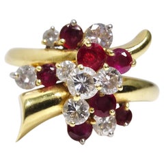 Retro Ruby and Diamonds Cluster Flower Bouqet Ring