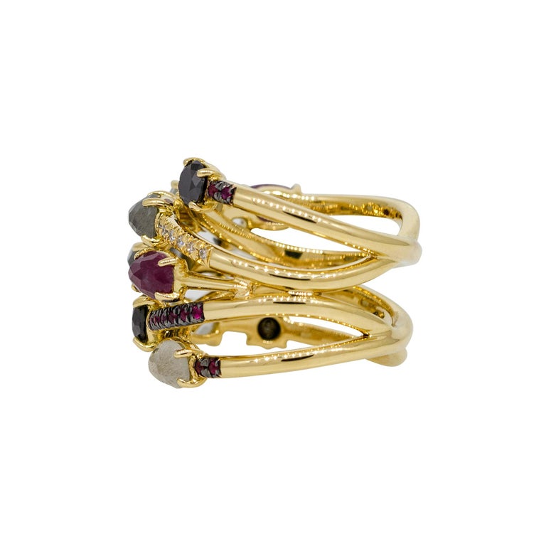 Diamond and Ruby Cocktail String Ring 18 Karat in Stock For Sale at 1stDibs