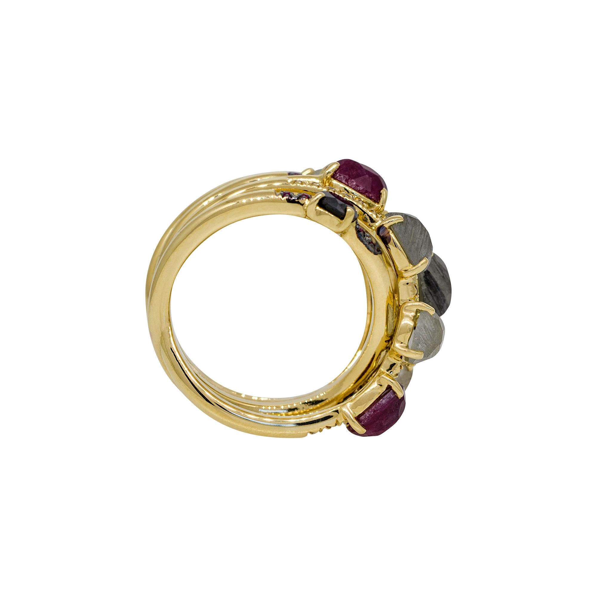 Women's Diamond and Ruby Cocktail String Ring 18 Karat in Stock
