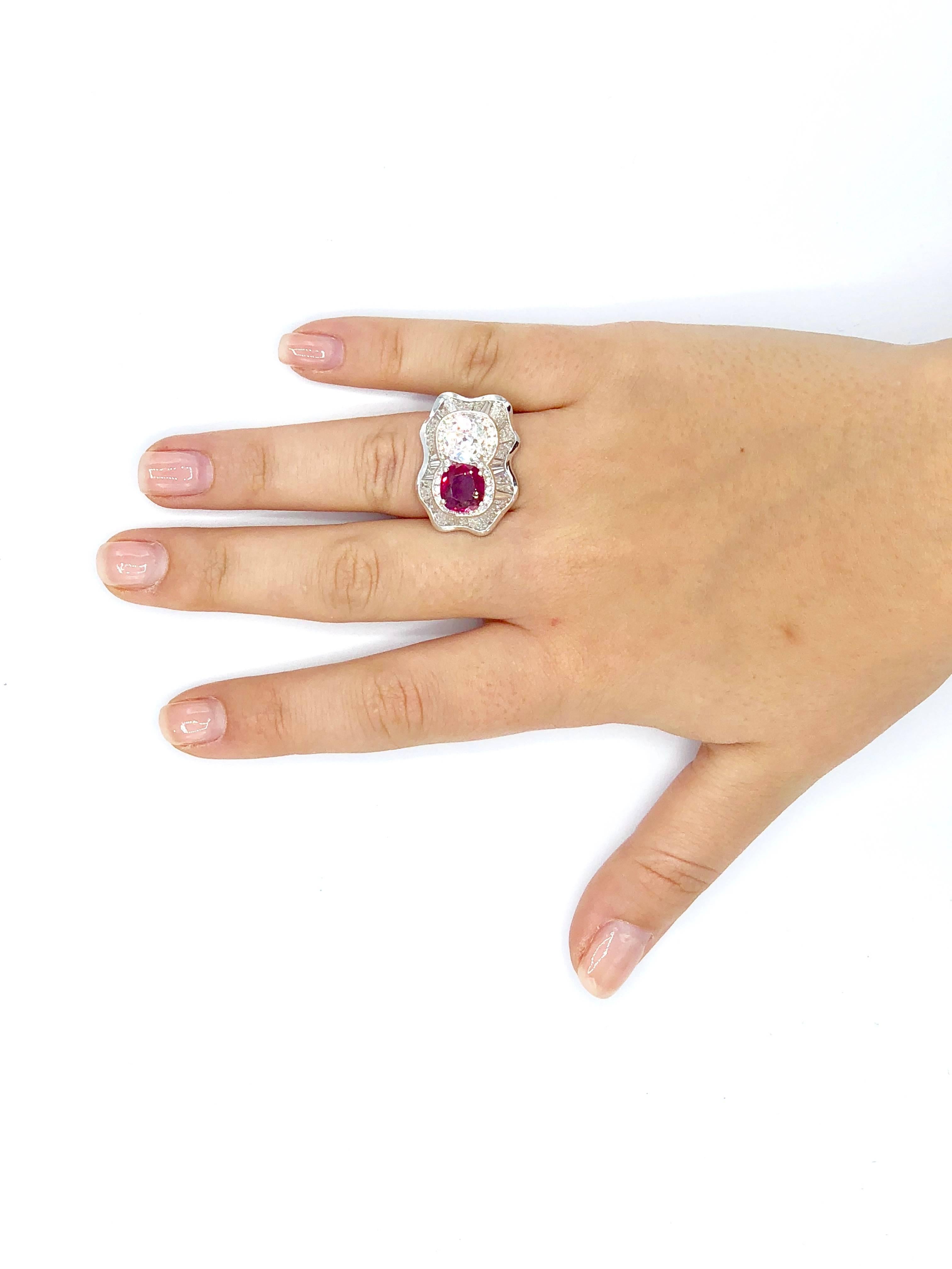 Women's or Men's Diamond and Ruby Cocktail Twin Ring For Sale
