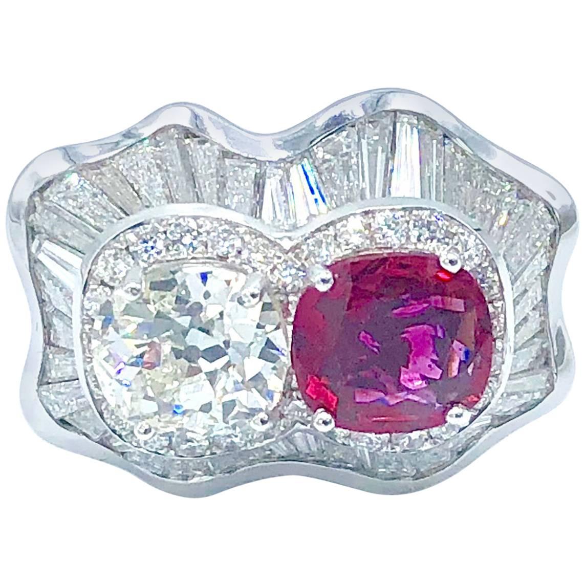 Diamond and Ruby Cocktail Twin Ring For Sale