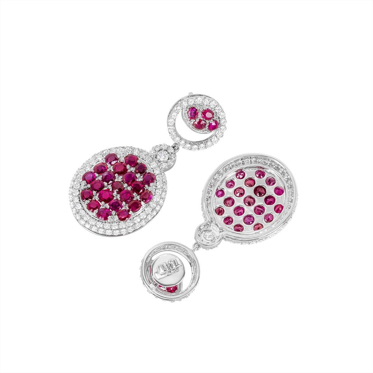 Round Cut Diamond and Ruby Dangle Earrings 10.0 Carat Rubies and 4.11 Carat Diamonds For Sale