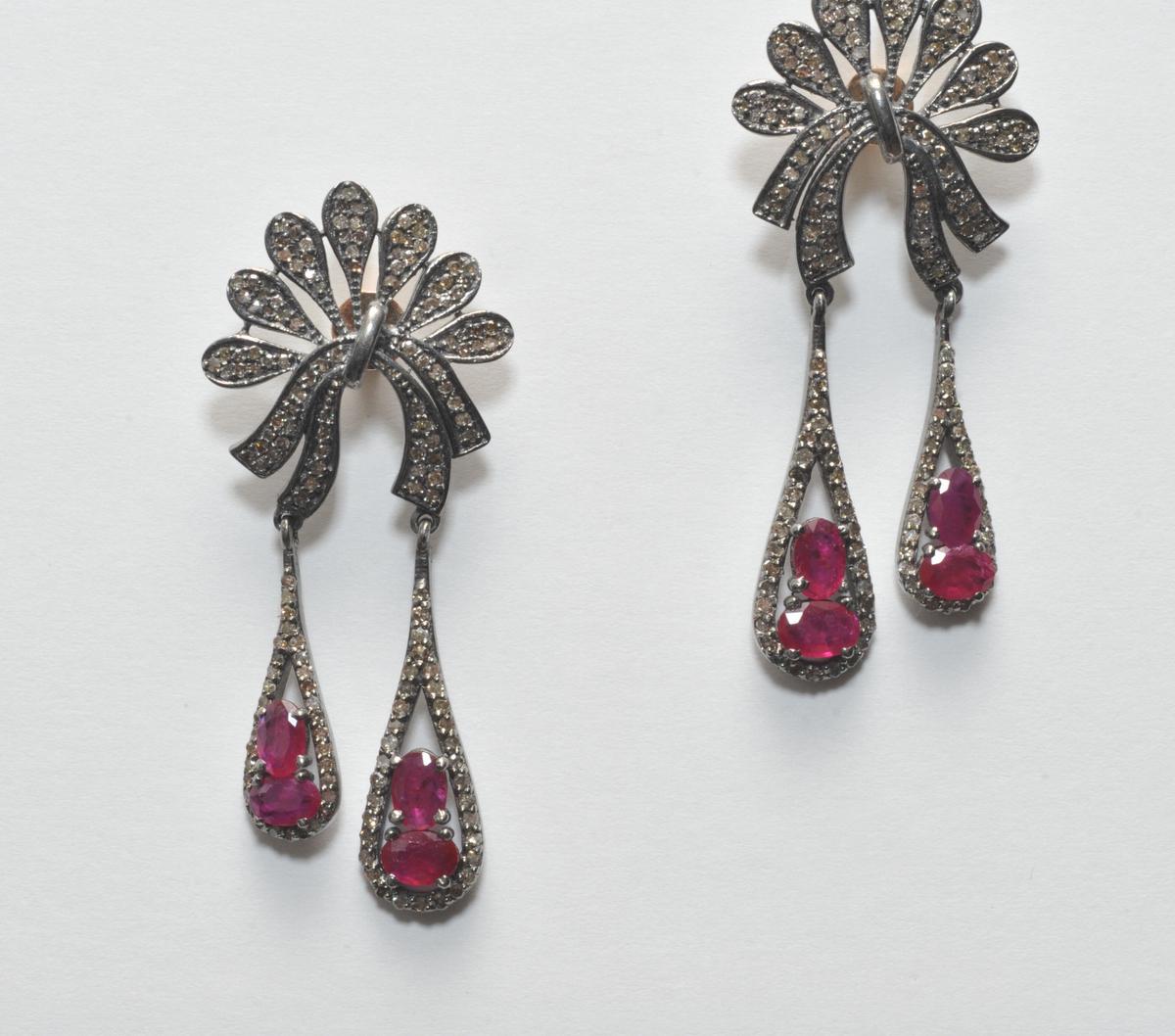 Women's or Men's Diamond and Ruby Dangle Earrings