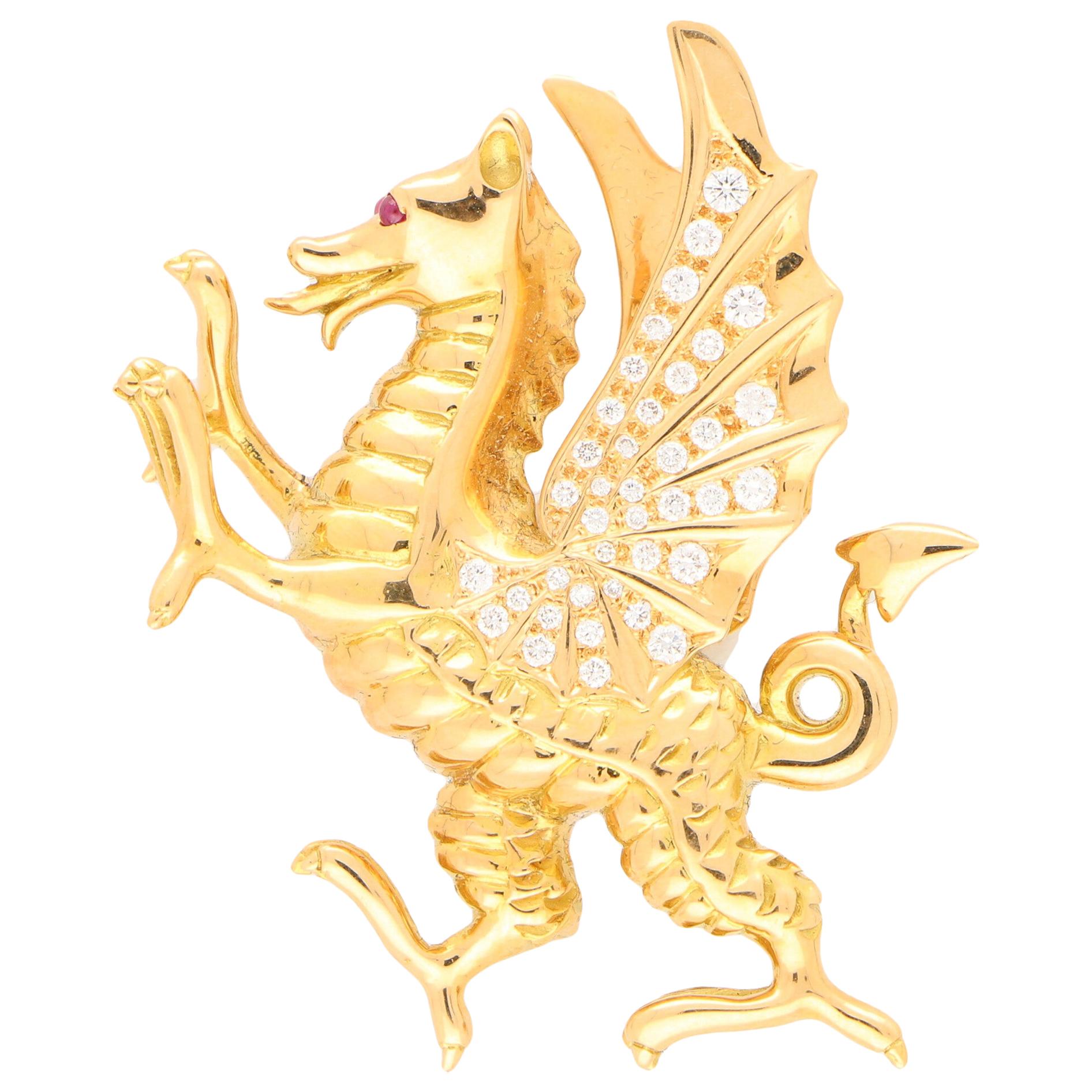 Diamond and Ruby Dragon Pin Brooch Set in 18 Karat Rose Gold