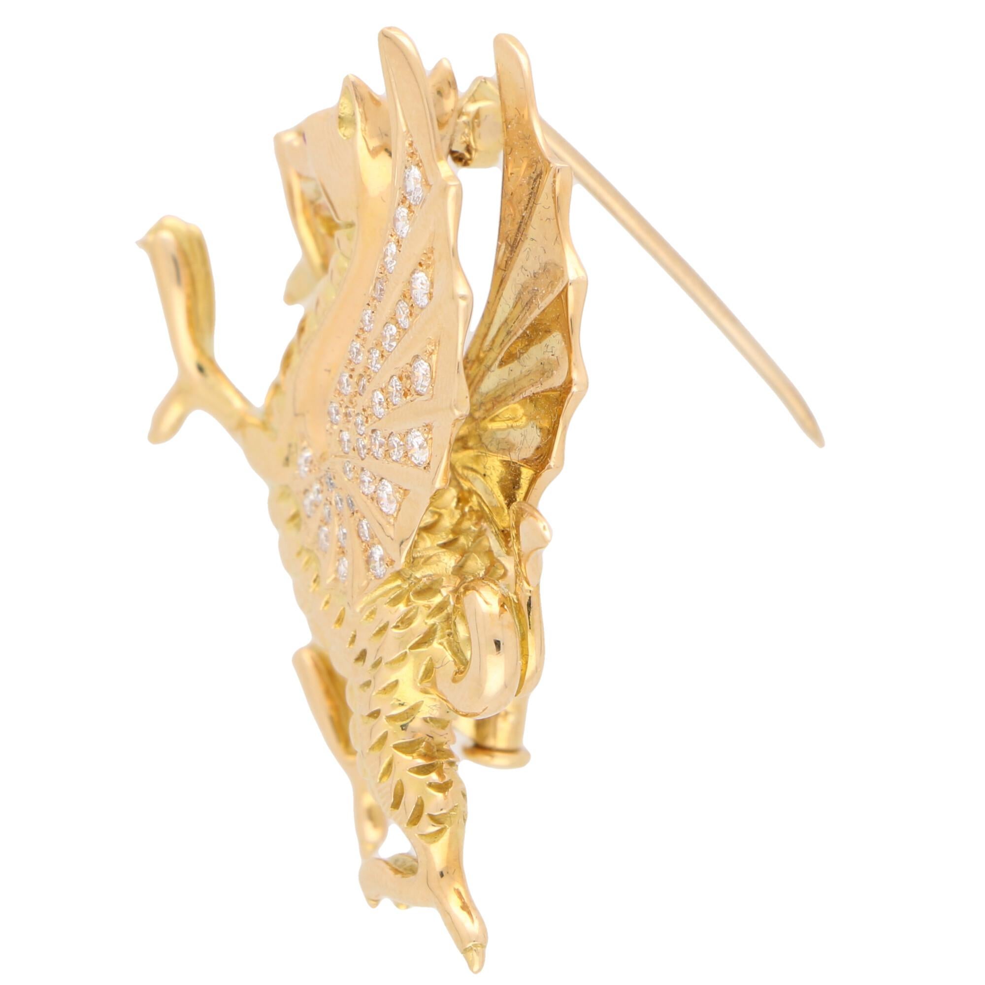Modern Diamond and Ruby Dragon Pin Brooch Set in 18 Karat Rose Gold