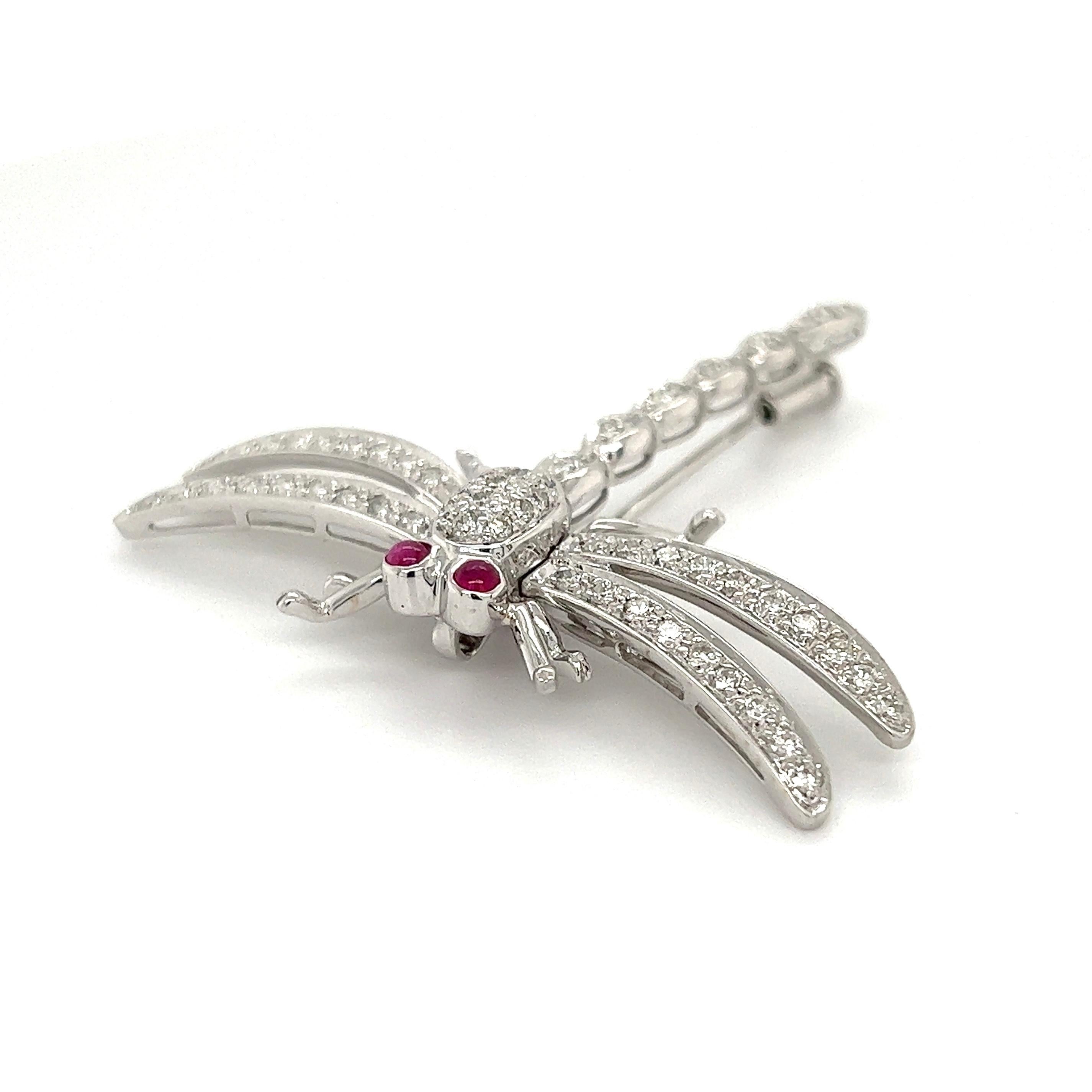 Round Cut Diamond and Ruby Dragonfly Gold Brooch Pin Estate Fine Jewelry