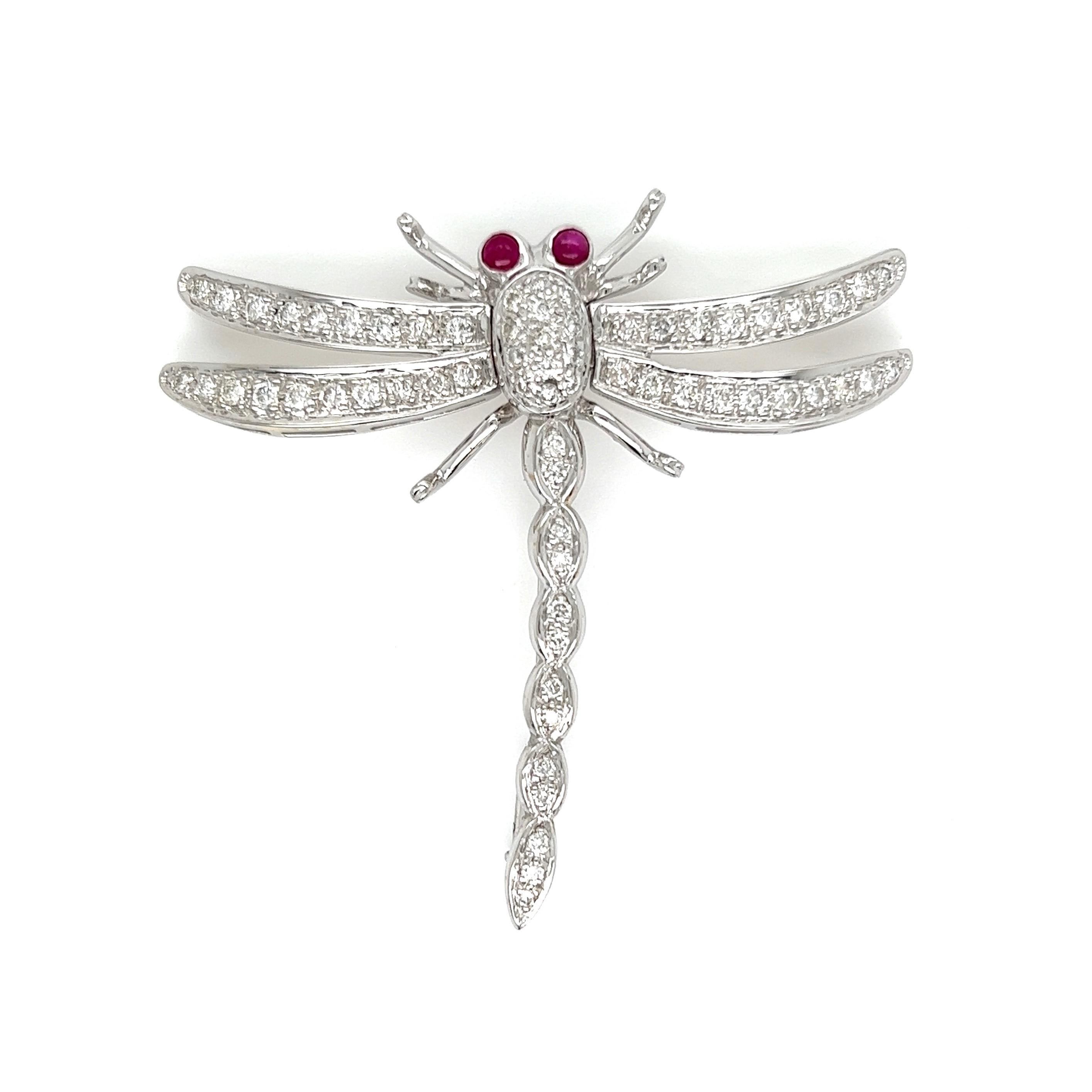 Diamond and Ruby Dragonfly Gold Brooch Pin Estate Fine Jewelry 1
