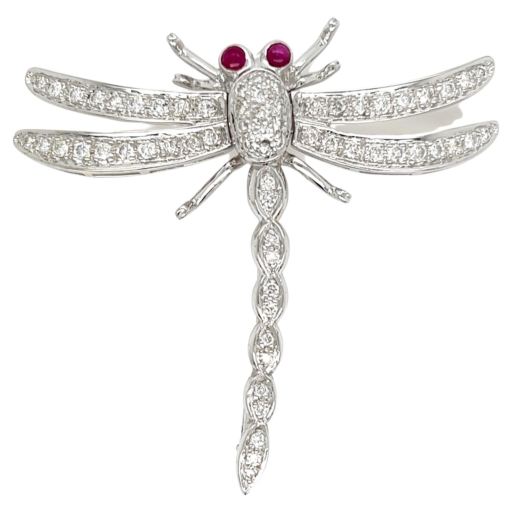 Diamond and Ruby Dragonfly Gold Brooch Pin Estate Fine Jewelry