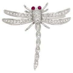 Vintage Diamond and Ruby Dragonfly Gold Brooch Pin Estate Fine Jewelry