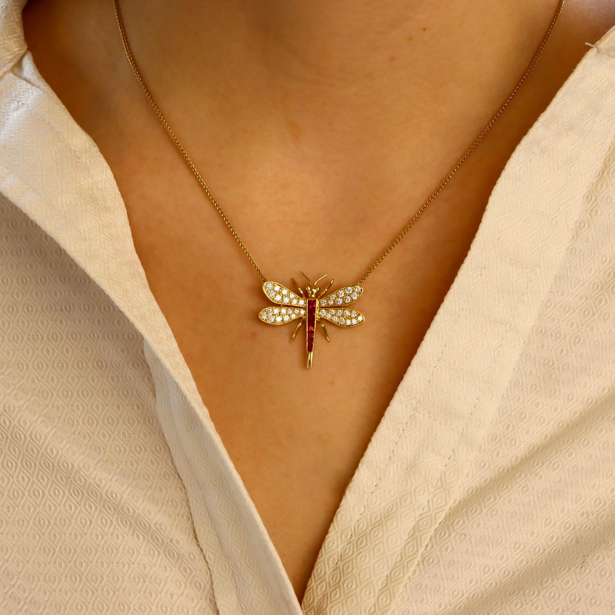 Modern Diamond and Ruby Dragonfly Pendant Necklace Set in 18 Karat Yellow Gold