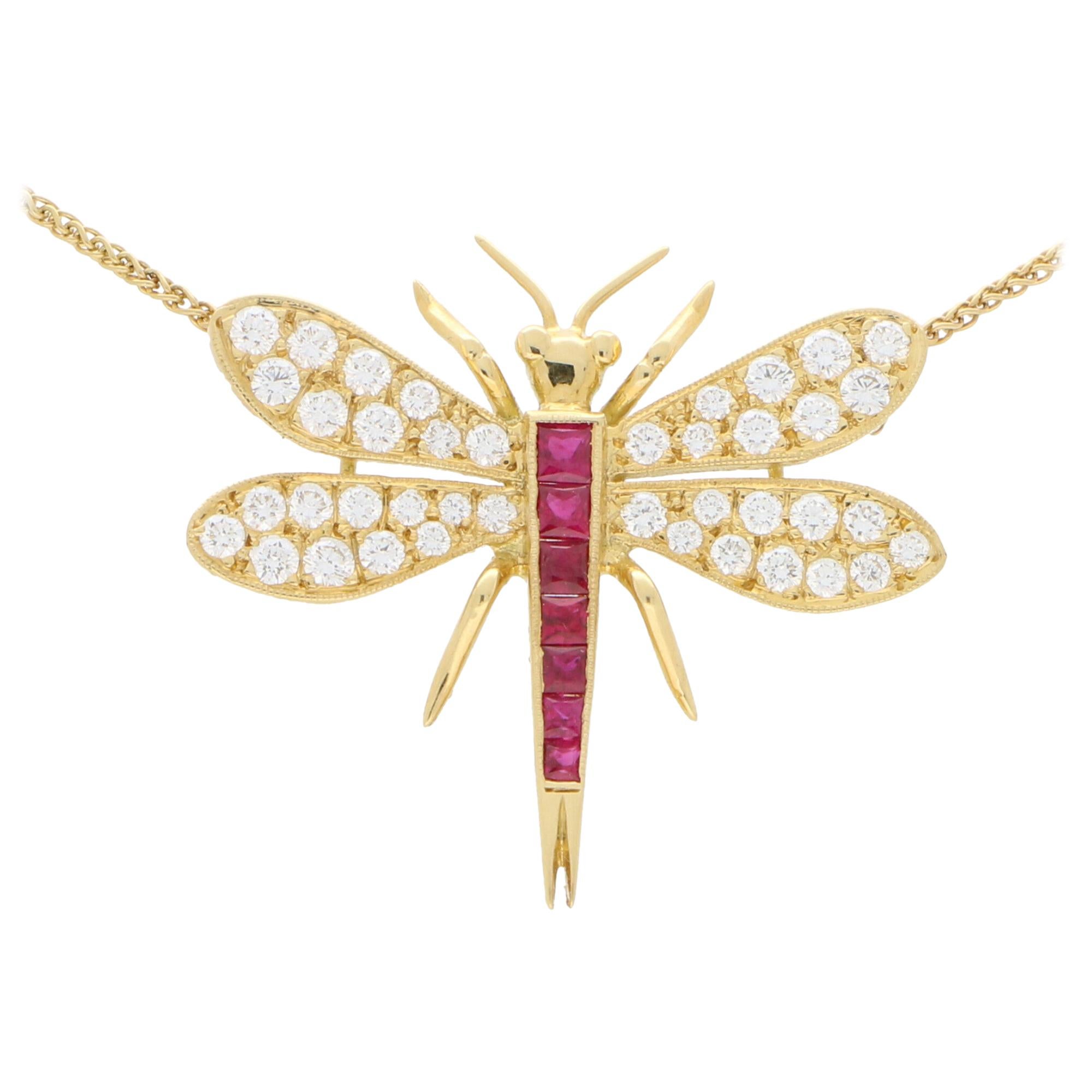 Diamond and Ruby Dragonfly Pendant Necklace Set in 18 Karat Yellow Gold