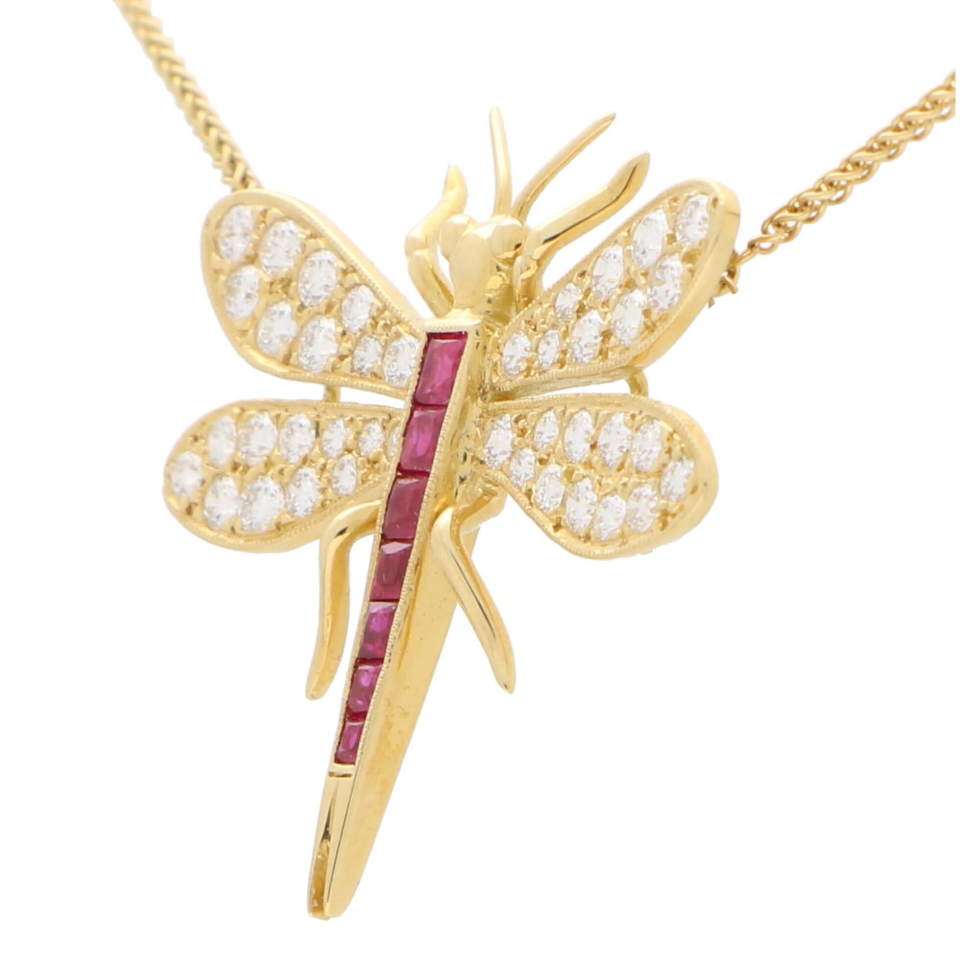 Round Cut Diamond and Ruby Dragonfly Pendant Necklace Set in 18 Karat Yellow Gold