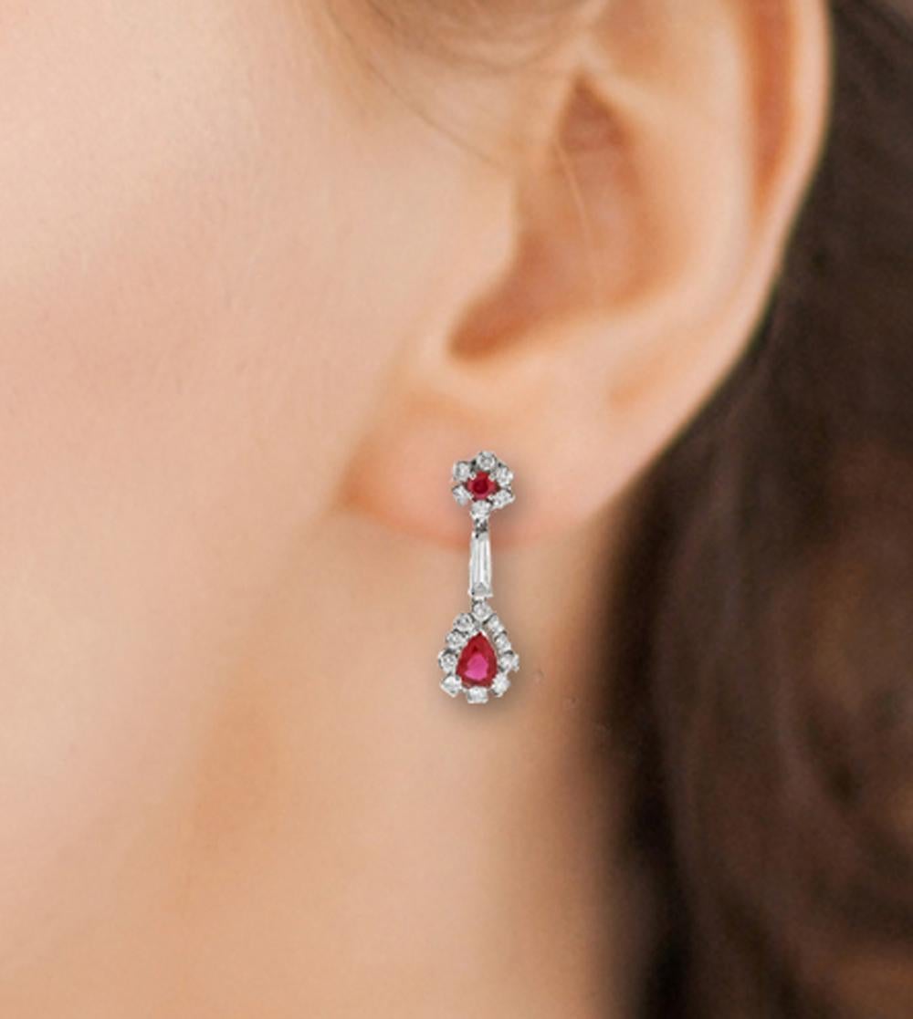 Diamond and Ruby Drop Earrings In Excellent Condition For Sale In Bethesda, MD