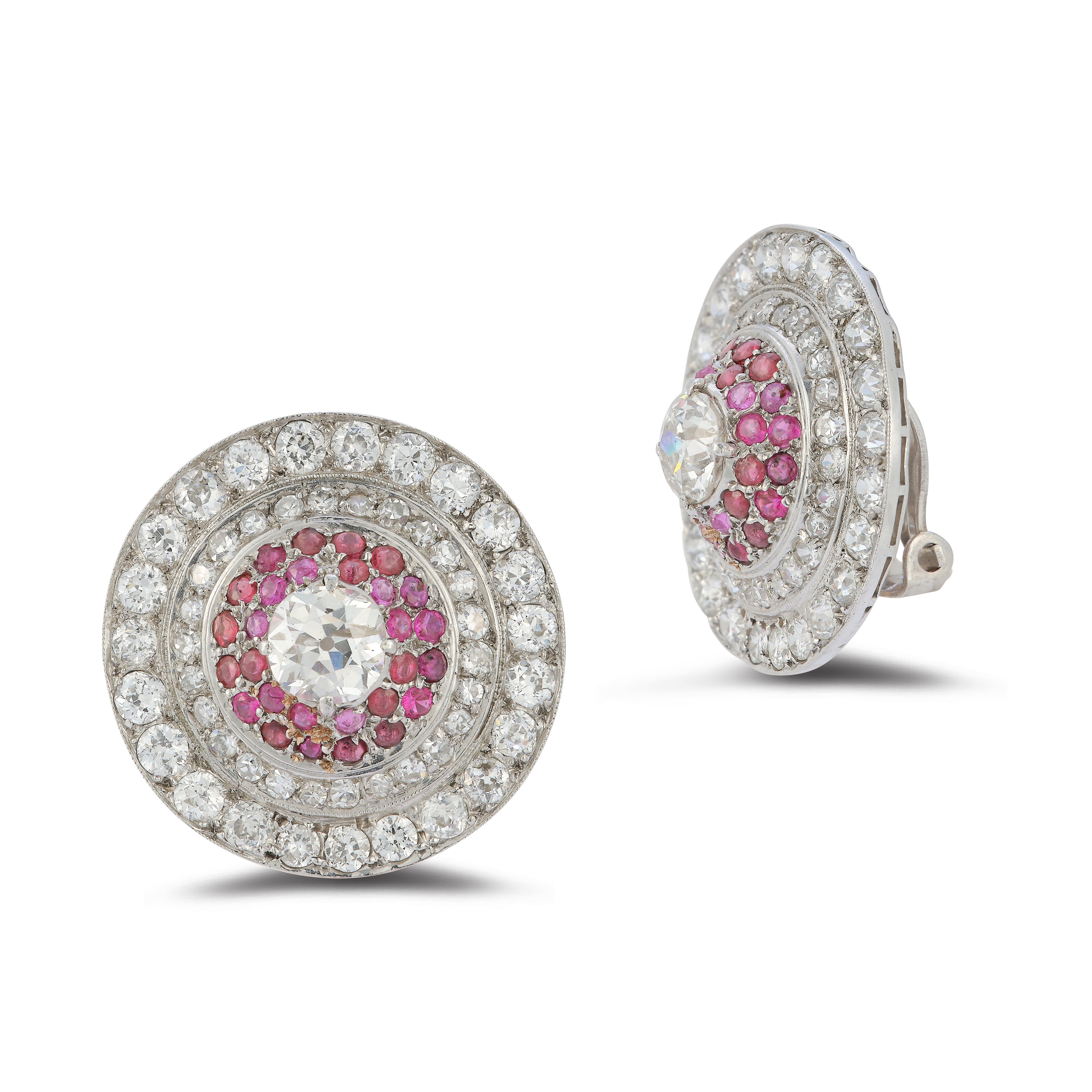 Round Cut Diamond and Ruby Earclips For Sale